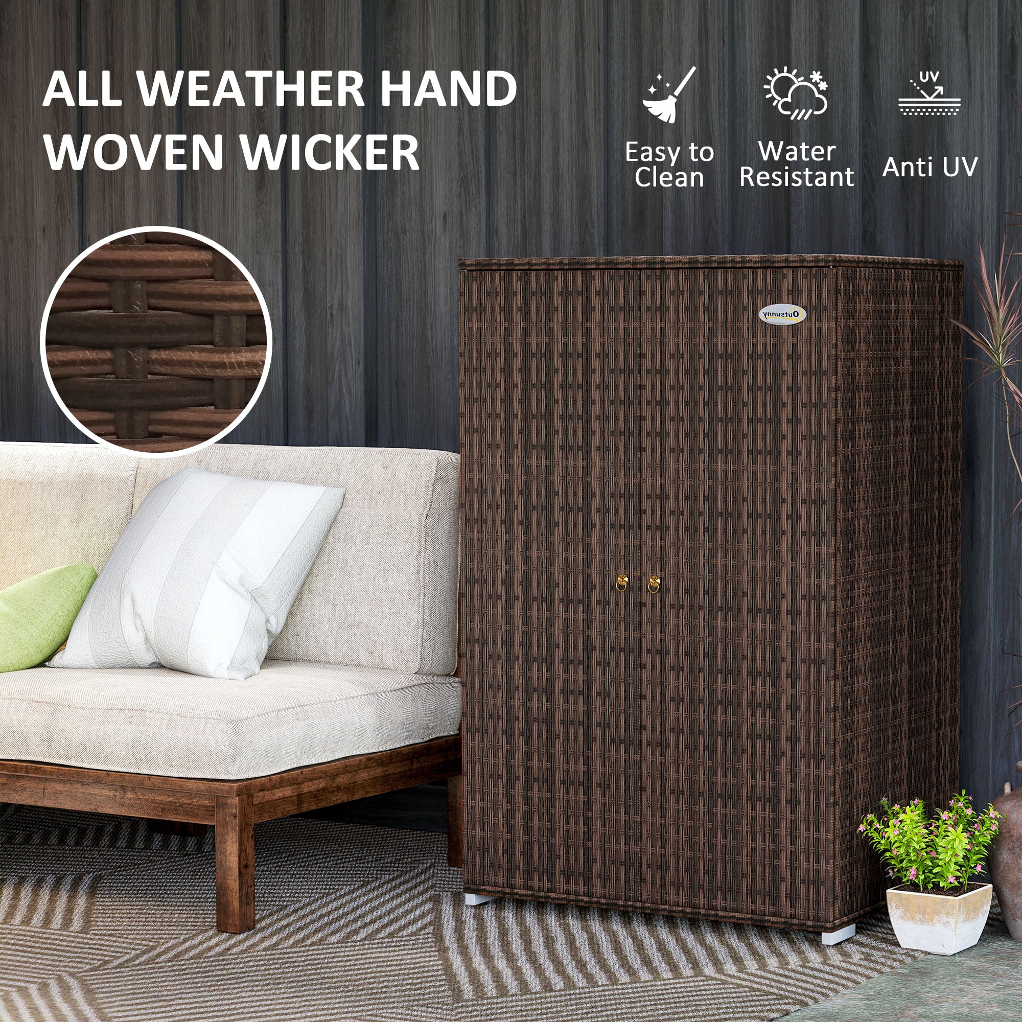 Outdoor Storage Cabinet with Shelves, Rattan Pool Towel Storage Cabinet with Removable Shelf & Drawer, Mixed Brown - Brown - Image 5