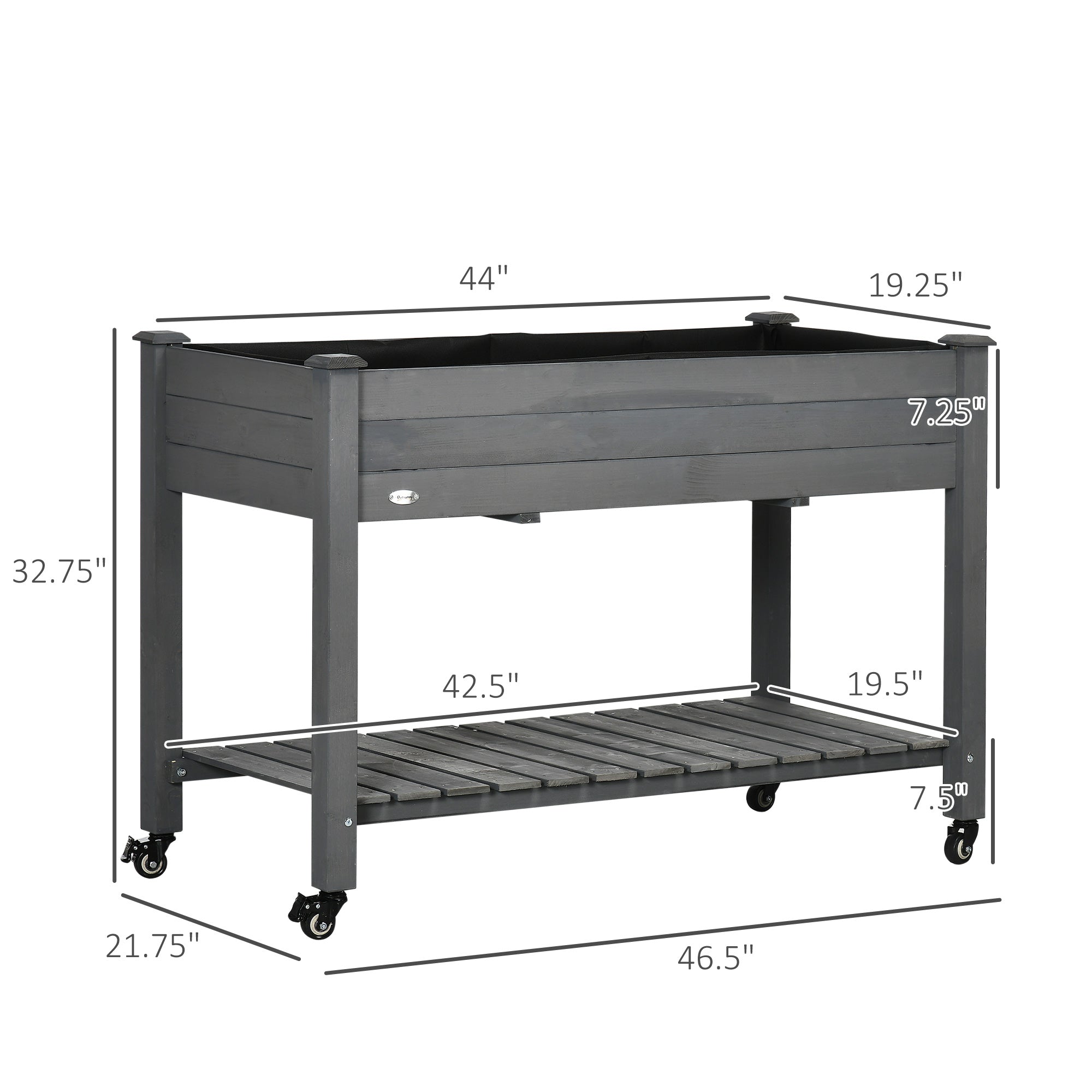 47" x 21" Raised Garden Bed Elevated Wooden Planter Box w/ Lockable Wheels, Storage Shelf for Backyard, Dark Gray - Dark Gray - Image 3
