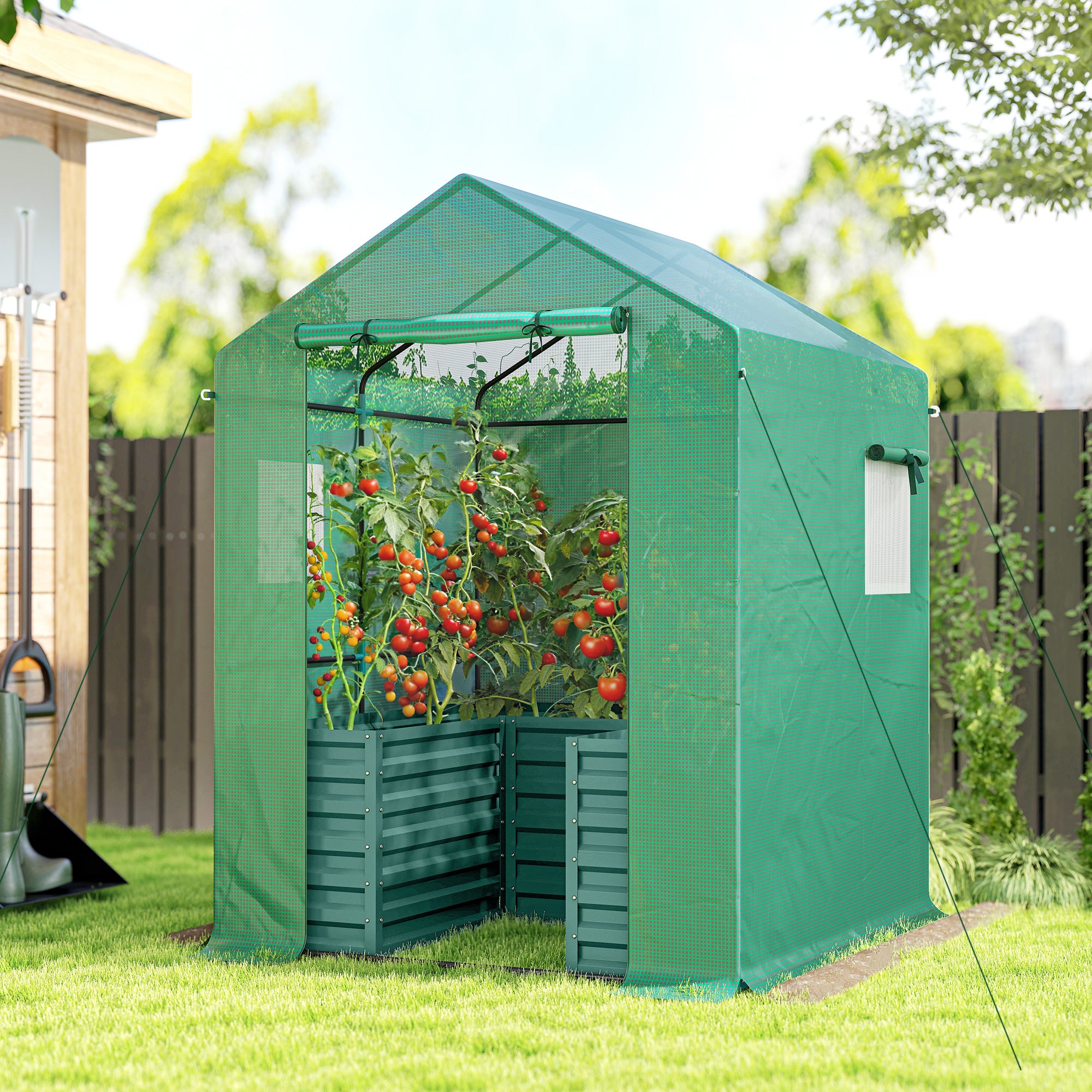 Greenhouse with Raised Garden Bed, Galvanized Steel Outdoor Greenhouse with Roll Up Door, 56" x 56" x 75", Green - Green - Image 2