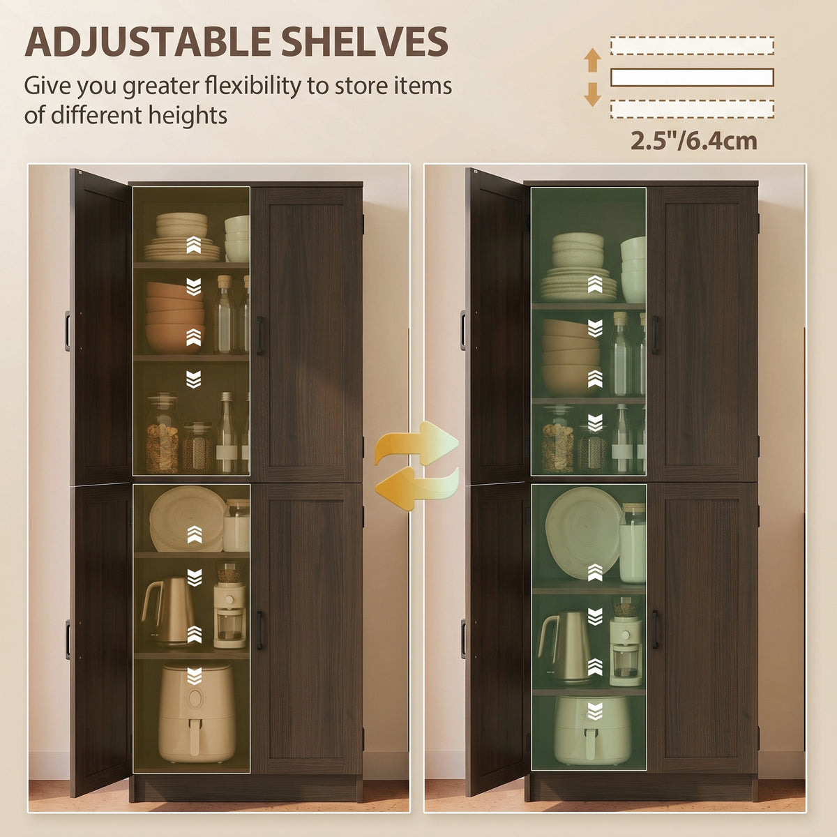 Freestanding Kitchen Pantry, 4-Door Kitchen Pantry Cabinet with Adjustable Shelves and Doors, Brown