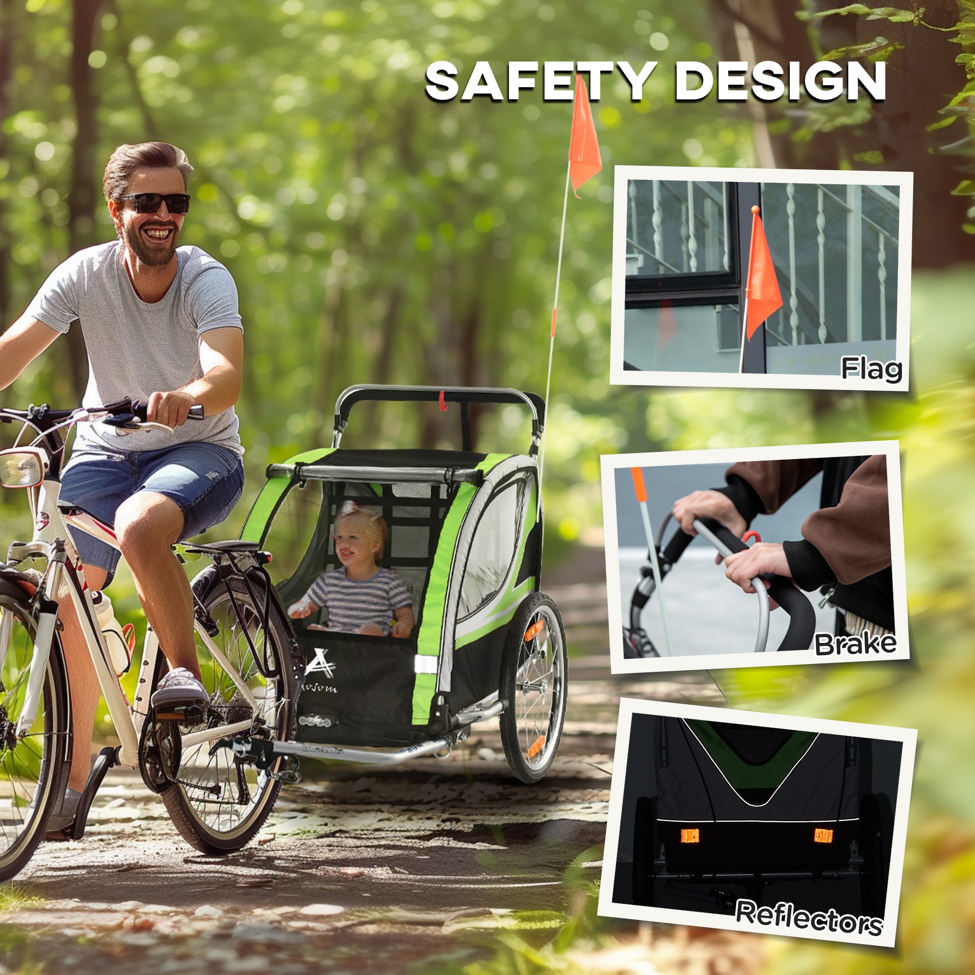 2-in-1 Walk/Ride Child Baby Bike Trailer for Kids 2 Seater, High-Visibility Bike Stroller for Toddler Wagon, Weather-Strong Double Bicycle Trailer Accessory, Green