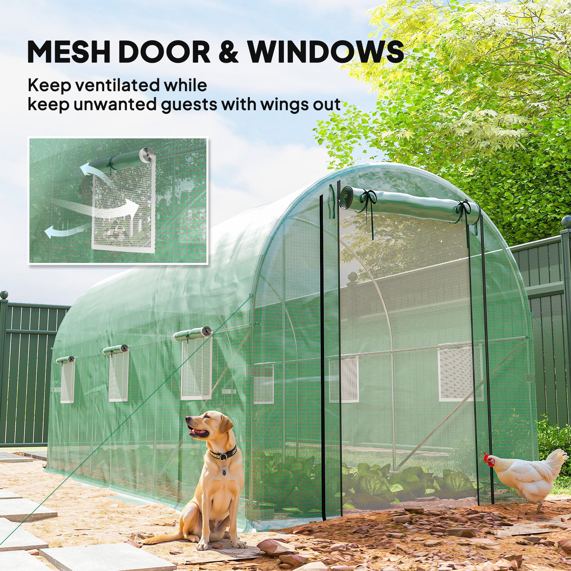 Hoop House Greenhouse, Walk-in Tunnel Greenhouse with 2 Support Rods, Zippered Roll-up Mesh Door, 14.6'x6.5'x6.6', Green - Green - Image 6