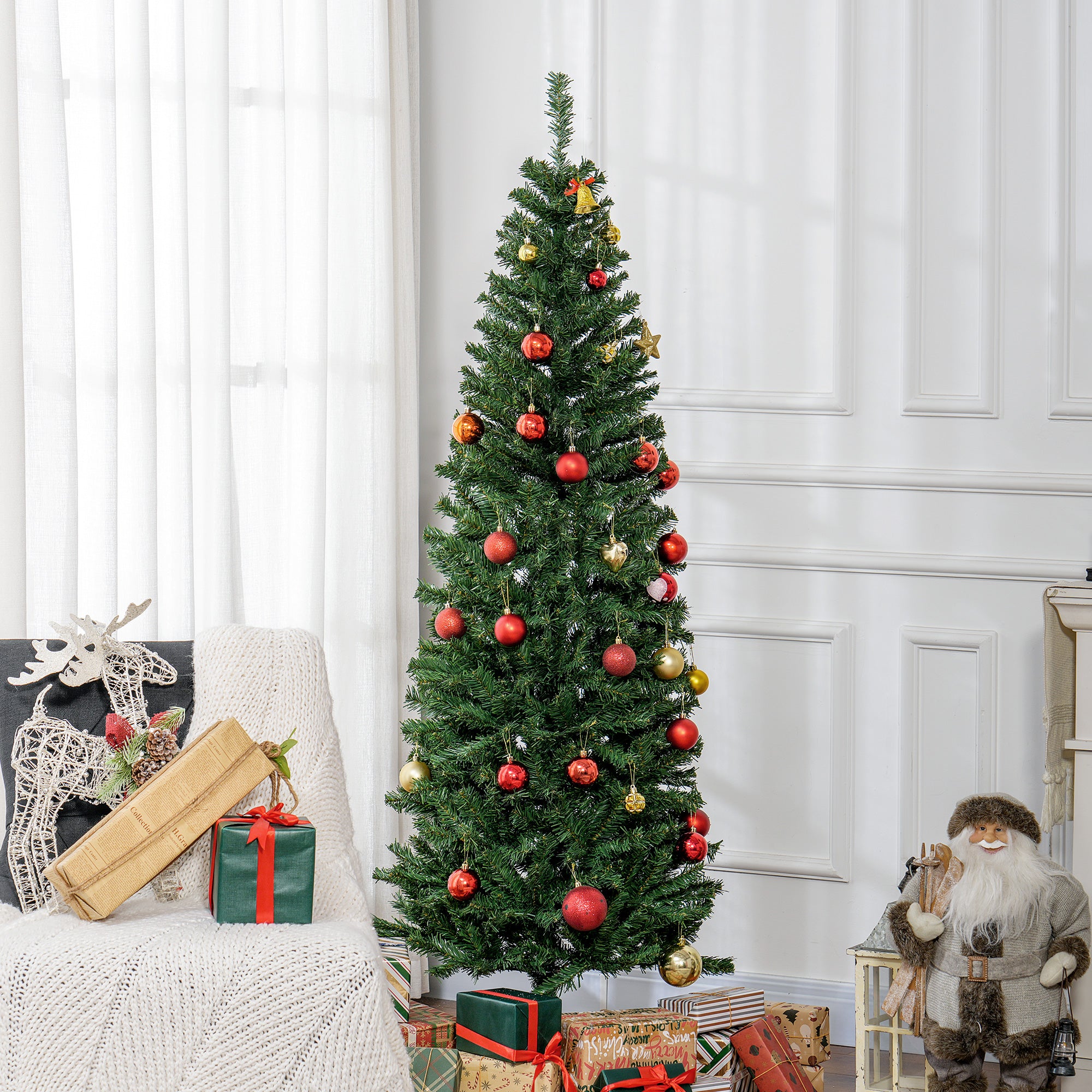 6 FT Artificial Christmas Tree Pencil Xmas Tree with Stand, 618 Tips, Holiday Home Indoor Decoration for Party, Green