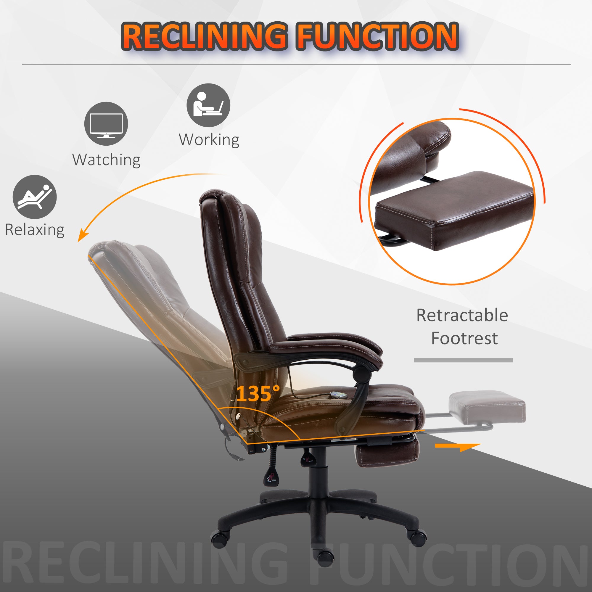 High Back Massage Office Chair with 6-Point Vibration, 5 Modes, Executive Chair, PU Leather Swivel Chair with Reclining Back, and Retractable Footrest, Brown