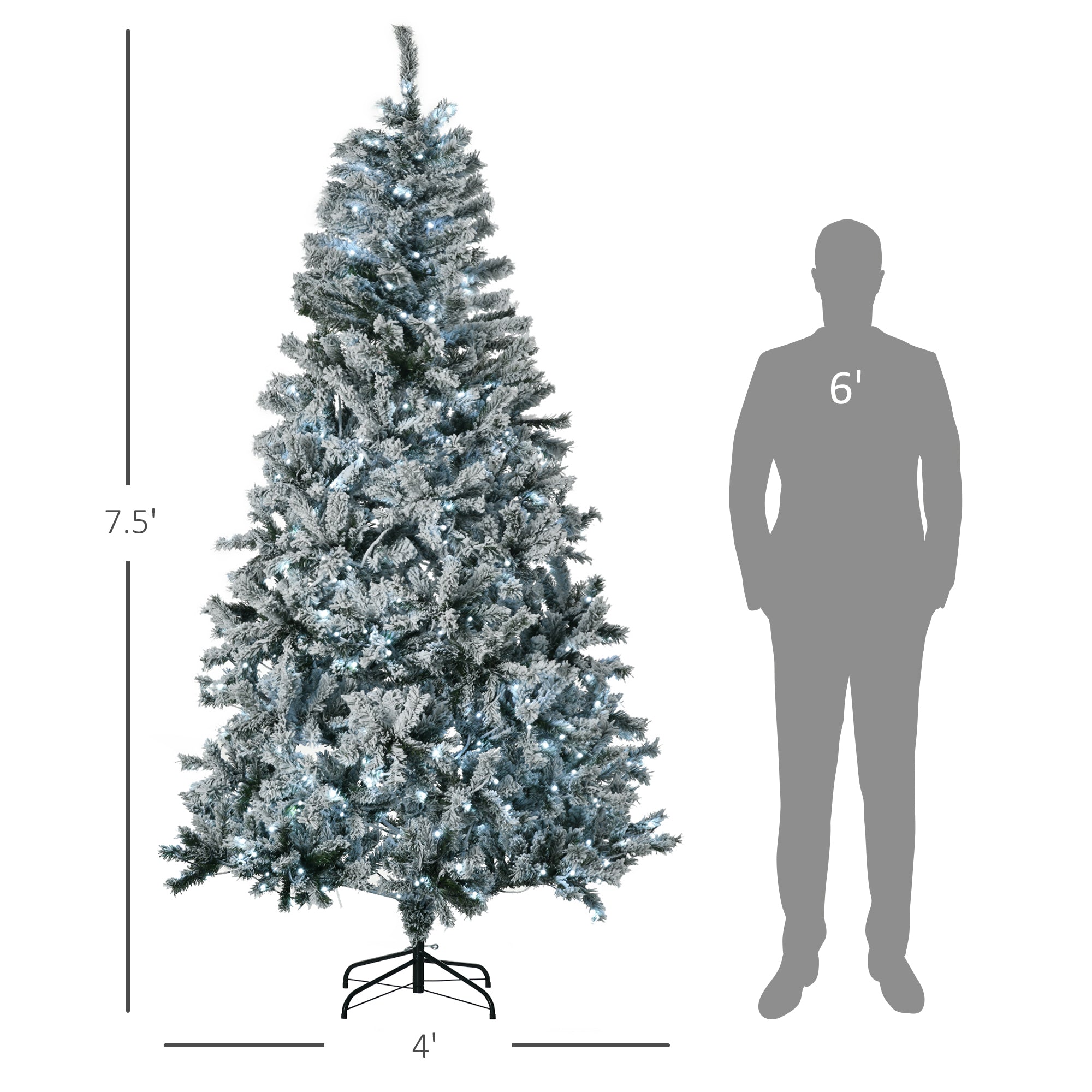 7.5' Prelit Artificial Flocked Christmas Trees, with Snow Frosted Branches, Cold White LED Lights, Auto Open