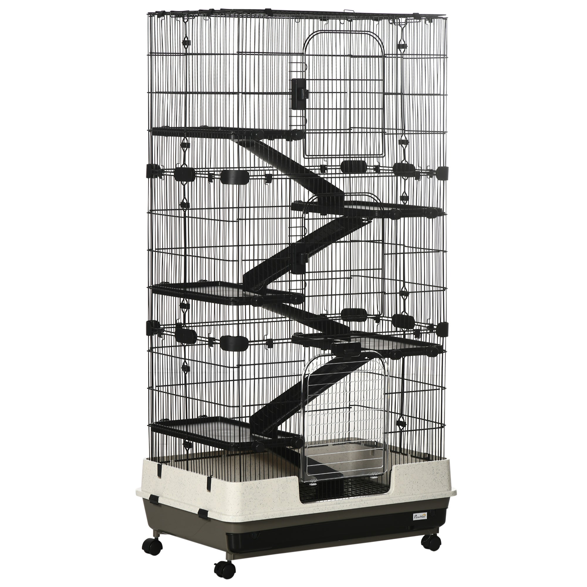 6-tier Platform Rolling Small Animal Rabbit Cage with a Large Living Space, Black - Black and White