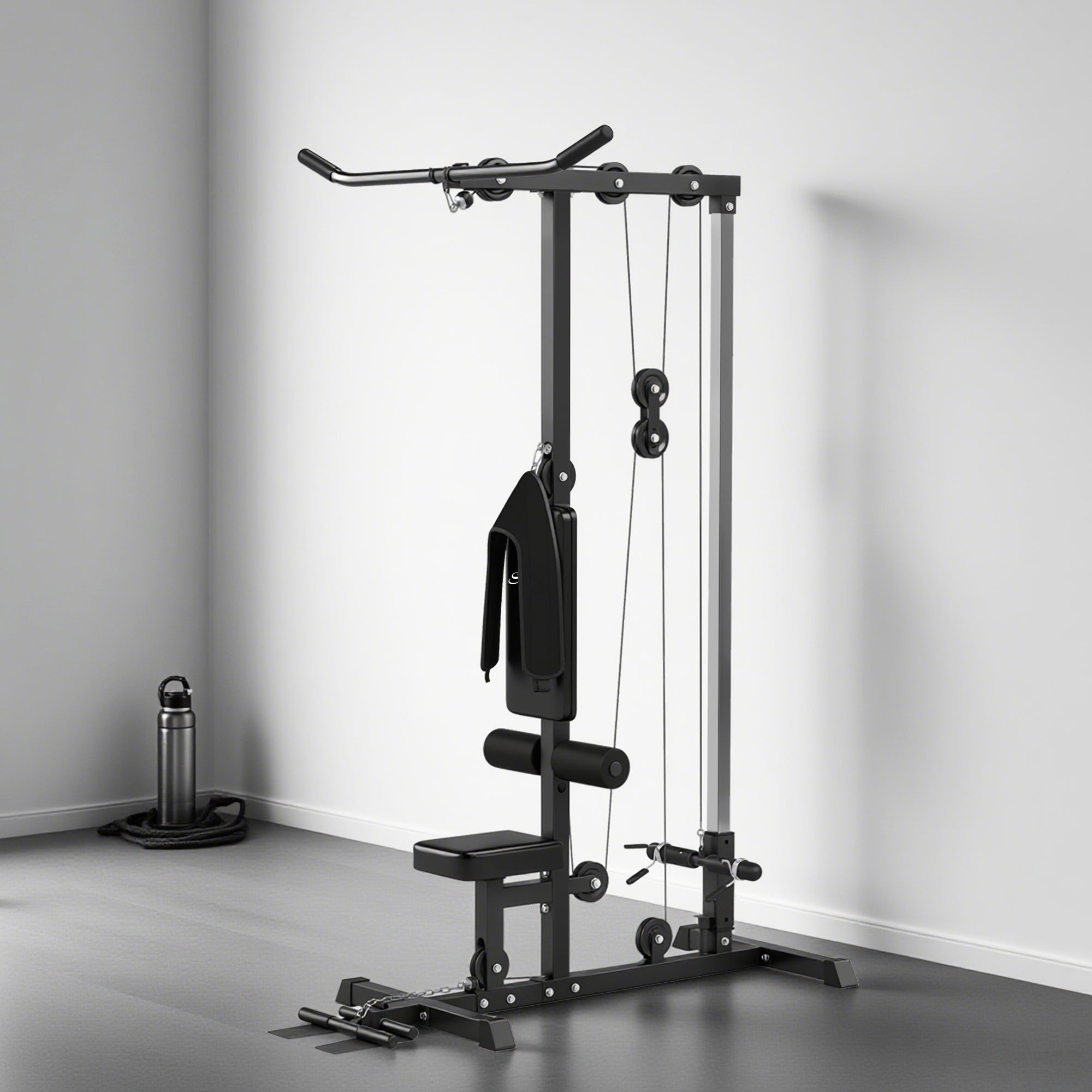 Lat Pull Down Machine, High / Low Pulley Machine with Adjustable Seat and Flip-Up Footplate, Black