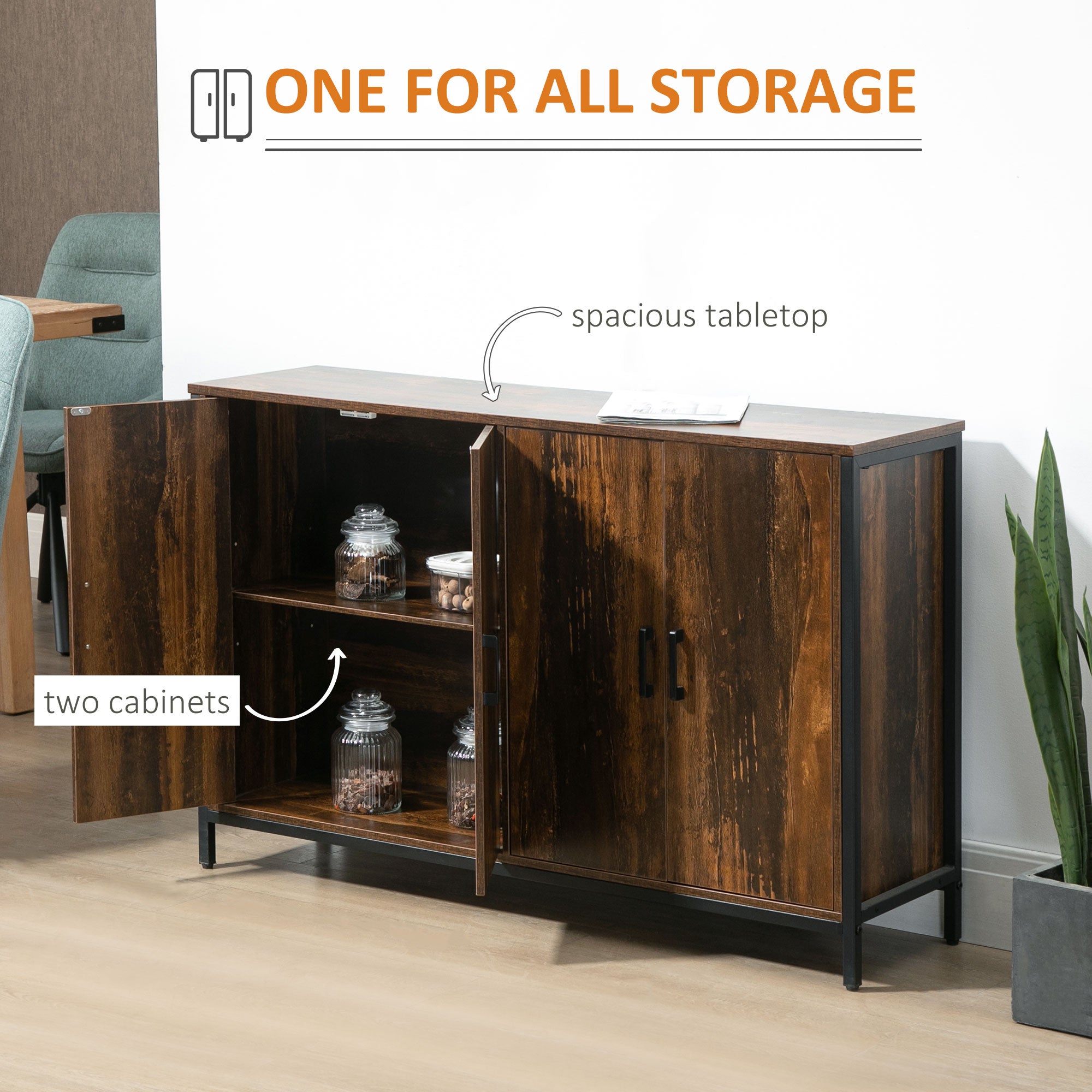 Industrial Sideboard Buffet Cabinet with Doors, Kitchen Cabinet, Coffee Bar Cabinet with Adjustable Shelves, Rustic Brown