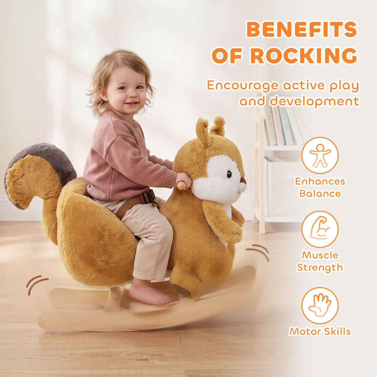 Baby Rocking Horse for Toddlers 1-3 Years, Squirrel Rocking Horse Toy with Sounds, Seat Belt and Rocking Stopper, Brown