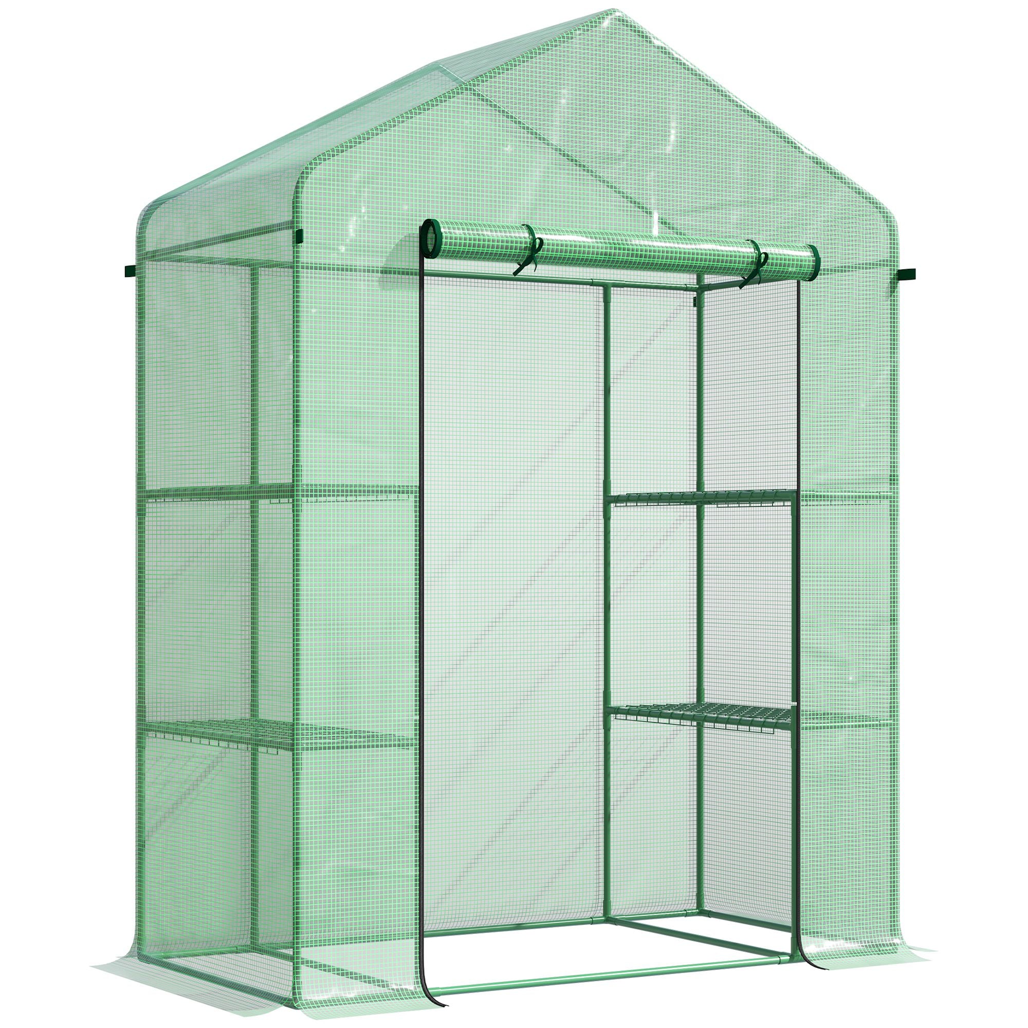 56" x 29" x 77" Walk-in Greenhouse, Garden Hot House with 3 Tier Shleves, Roll-Up Door and PE Cover, Green - Green