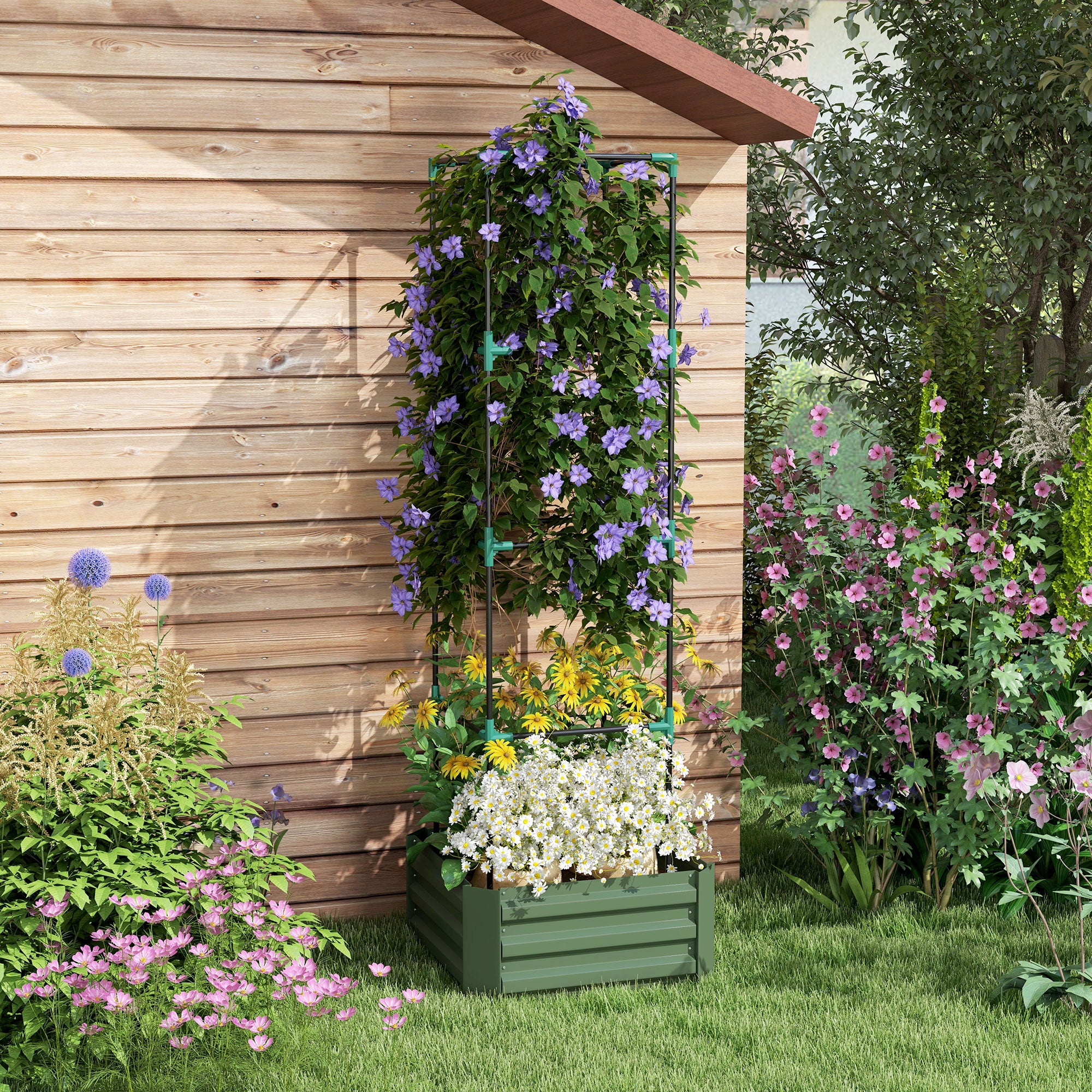 Galvanized Planter Box, 24" x 24" x 73.5" Raised Garden Bed with Tomato Cage for Climbing Vines, Green - Green - Image 2