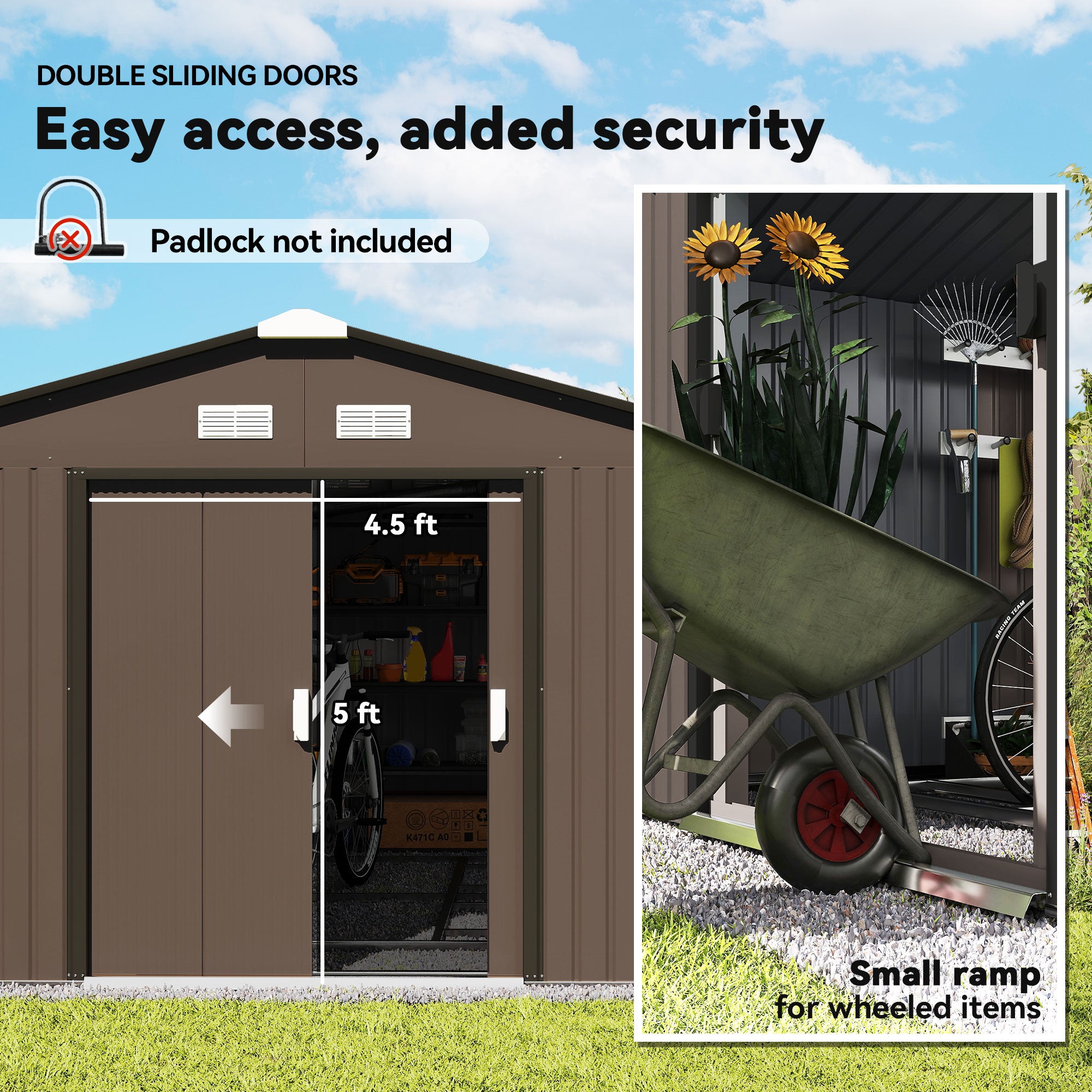 Metal Large Shed with Double Locking Doors Sloped Roof for Garden Tool, Bike Storage, Brown - Brown - Image 5