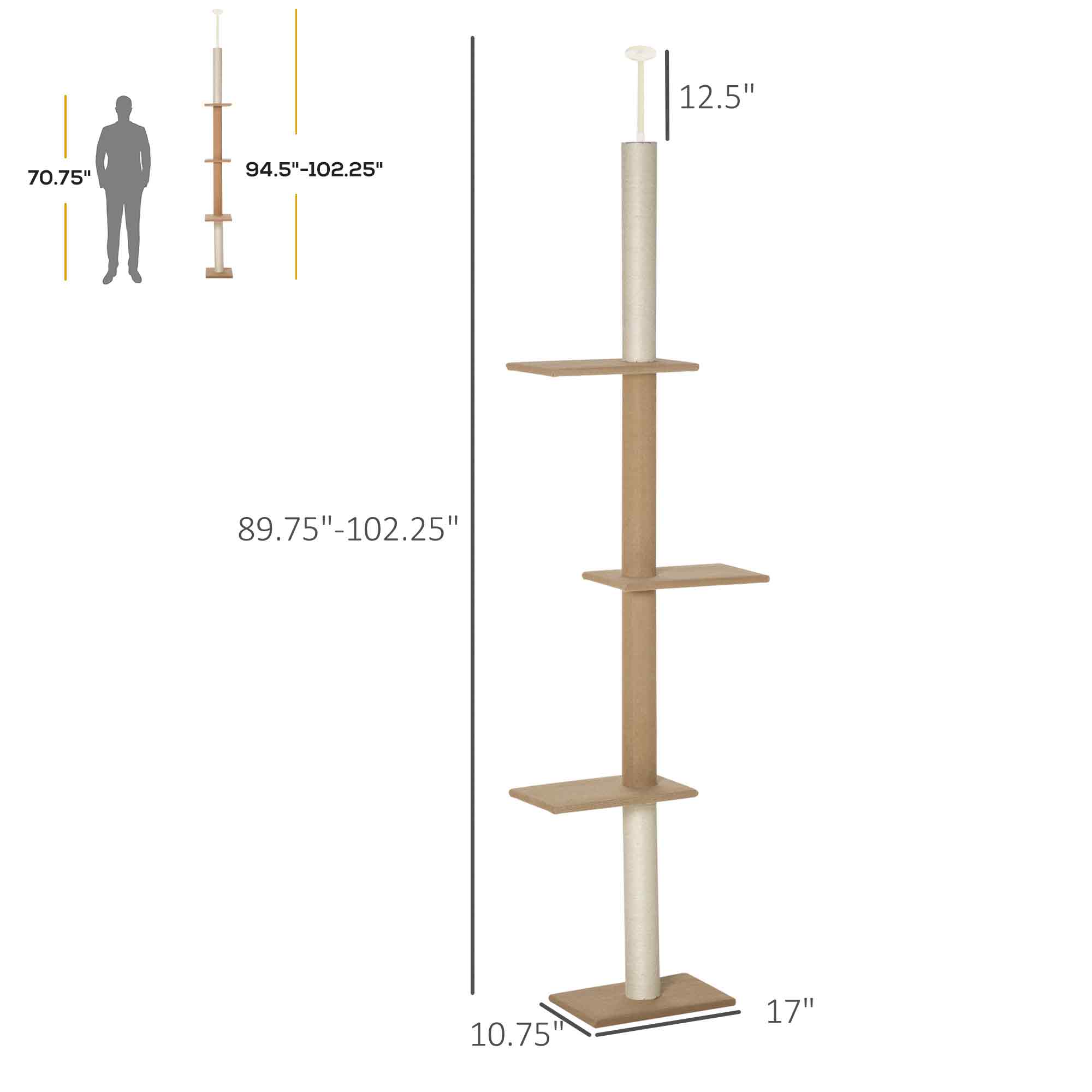 Floor-to-Ceiling Cat Tree Cat Climbing Tower with Sisal-Covered Scratching Posts Natural Cat Tree Activity Center for Kittens Cat Tower Furniture, Light brown - Brown - Image 3