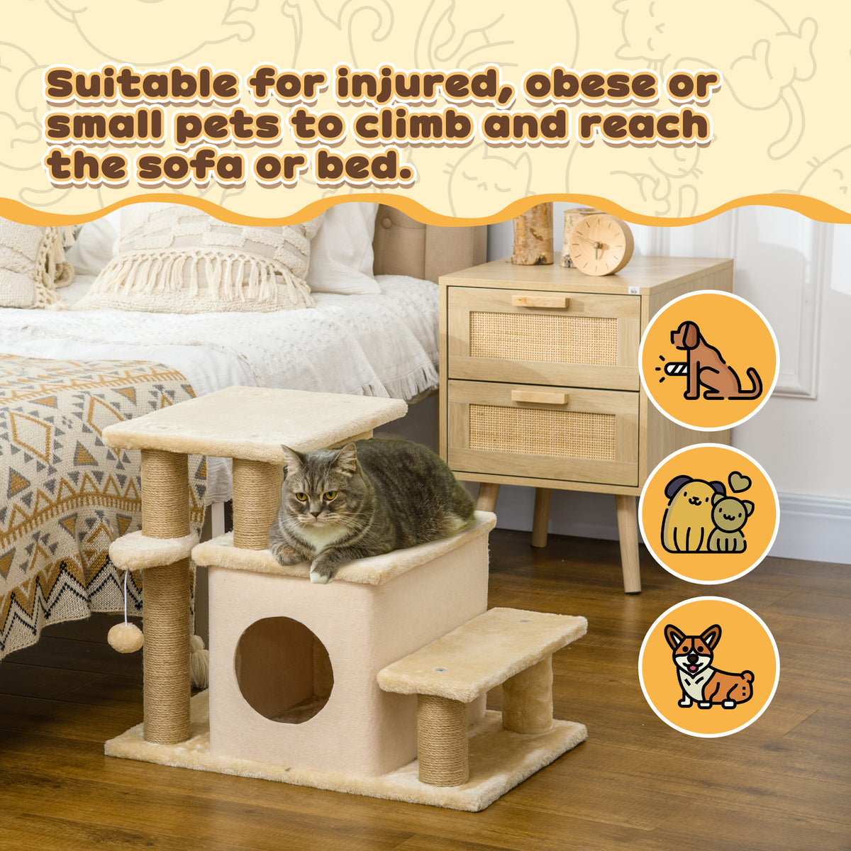 Adjustable Height 3 Step/4 Step Cat Stairs w/ Jute Cat Scratching Post, Cat Condo, Toy Ball, for Bed, Sofa, Couch, Beige