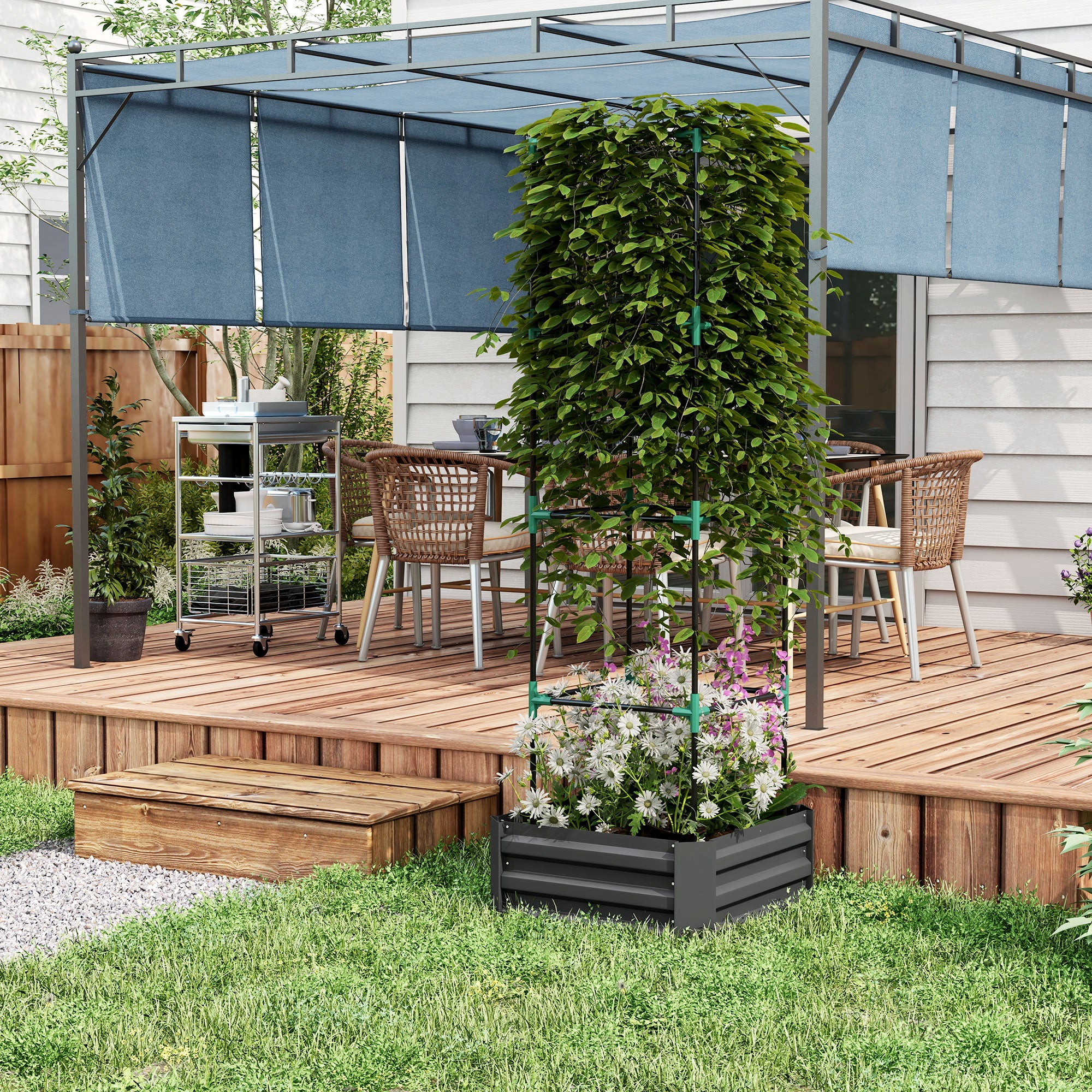 Galvanized Planter Box, 24" x 24" x 73.5" Raised Garden Bed with Tomato Cage for Climbing Vines, Dark Gray - Dark Gray - Image 7