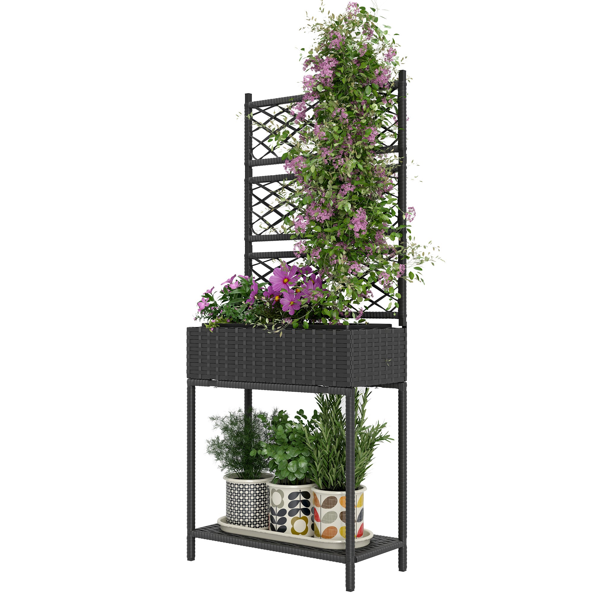 Outdoor Wicker Planter with Trellis for Climbing Plants, Freestanding Rattan Garden Box with Storage Shelf, Black - Black