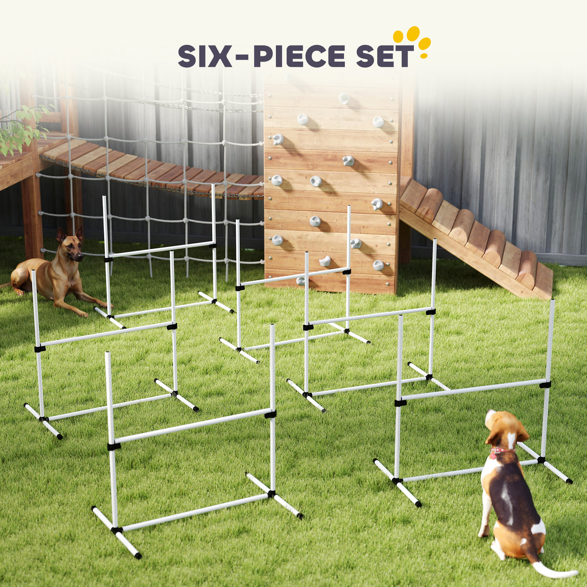 6 Piece Dog Agility Set with Adjustable Height Jump Bars, Carry Bag, Displacing Top Bar, White