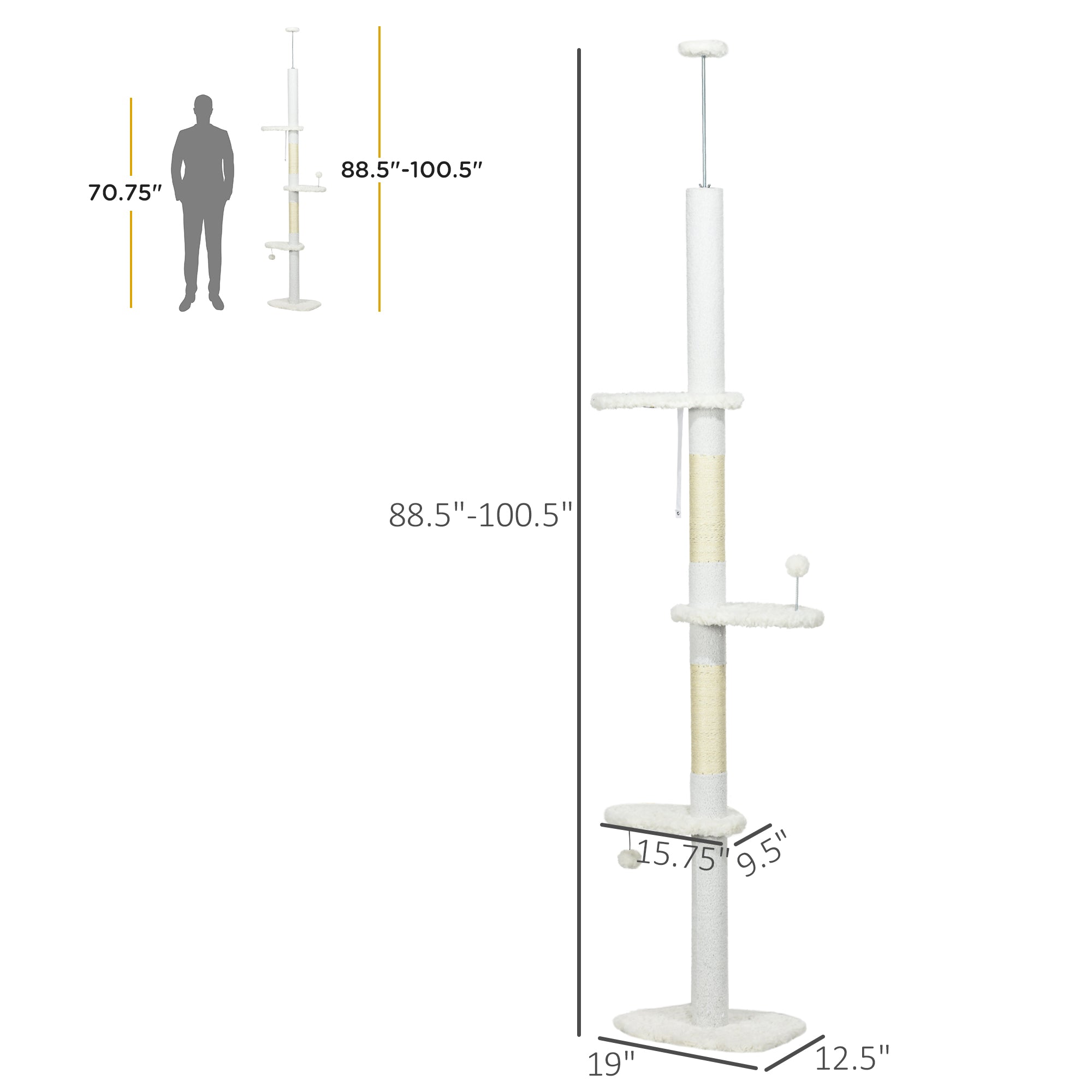 8.4' Floor to Ceiling Cat Tree, Adjustable Height, White - White - Image 3