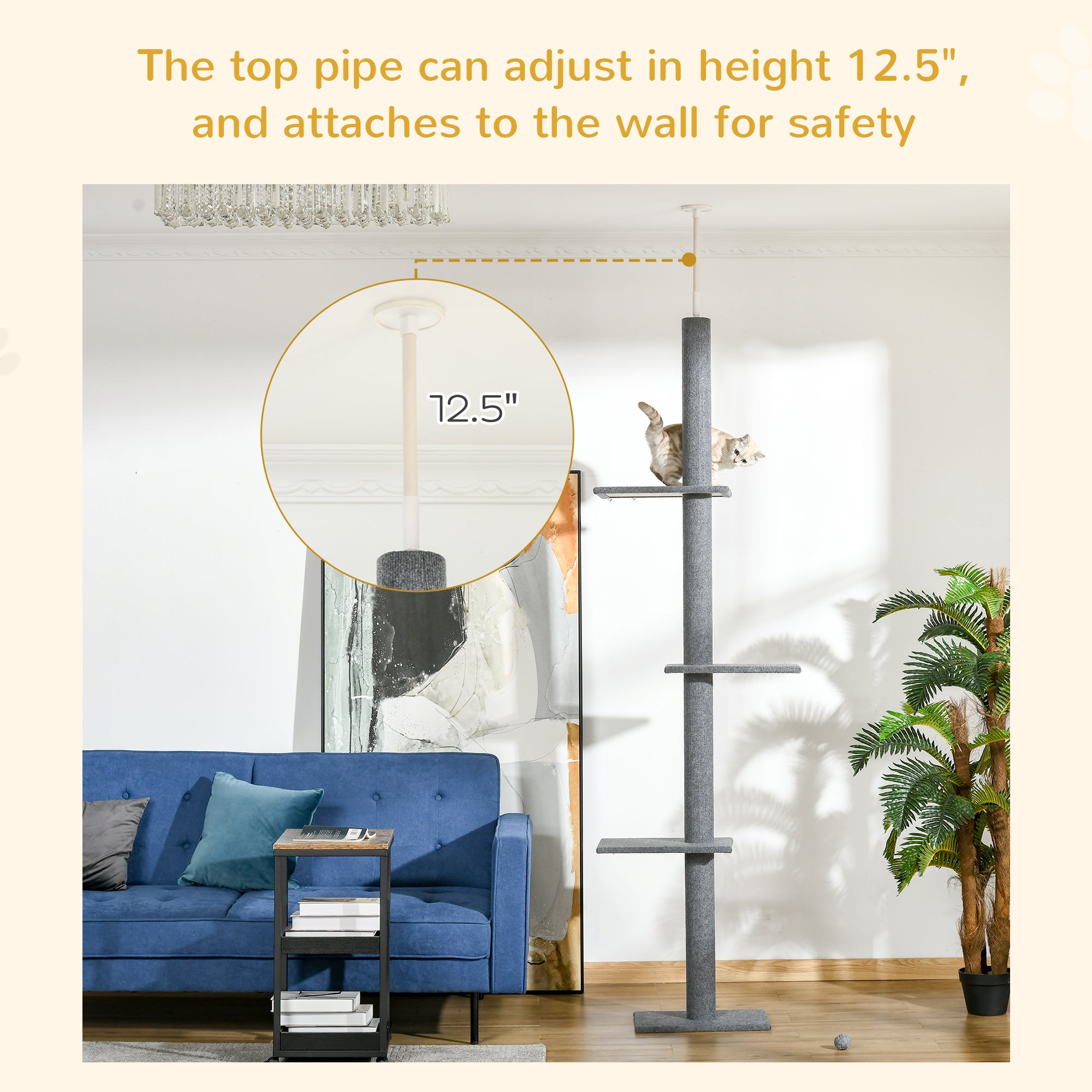 Floor-to-Ceiling Cat Tree Cat Climbing Tower with Sisal-Covered Scratching Posts Natural Cat Tree Activity Center for kittens Cat tower furniture, Grey - Dark Grey - Image 5