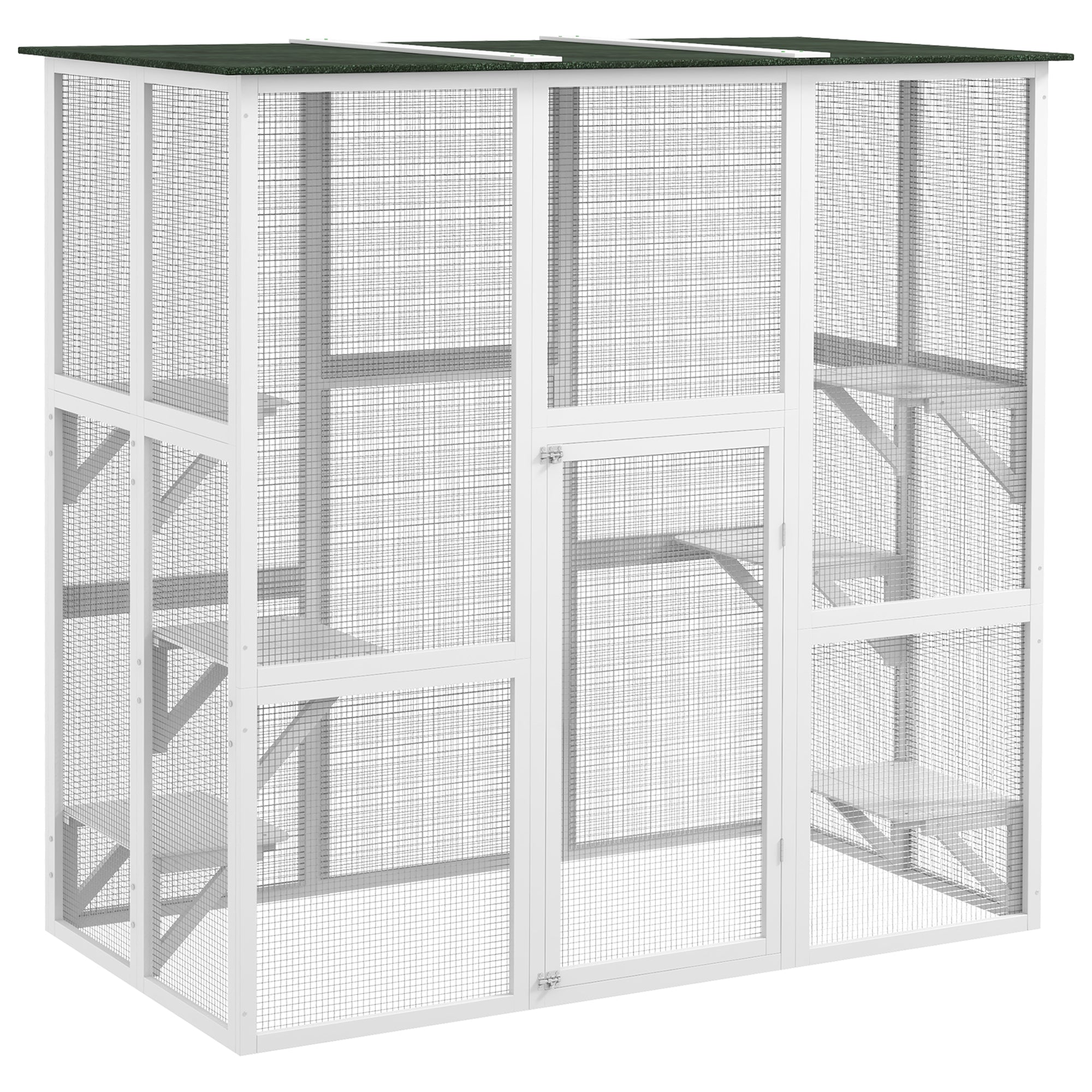 Outdoor Cat House Big Catio Wooden Feral Cat Shelter Enclosure with Large Spacious Interior, 6 High Ledges, Weather Protection Asphalt Roof, 71" L, White - White