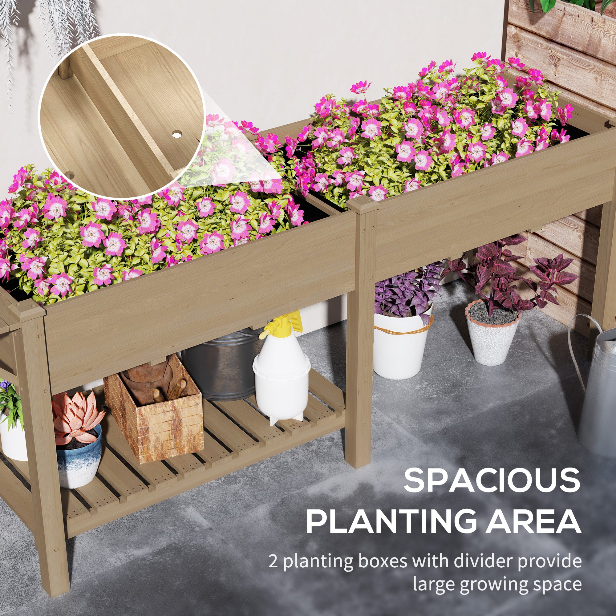 Wood Raised Garden Box, Elevated Garden Bed with Side Table, Bottom Shelf, Bed Liners and Drainage Holes, Carbonized - Carbonized - Image 4