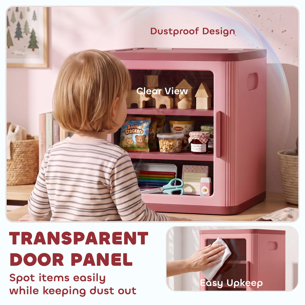 Toy Storage Organizer, 3 Tier Adjustable Toy Storage Cabinet Dustproof HDPE Plastic, Transparent Door, Pink