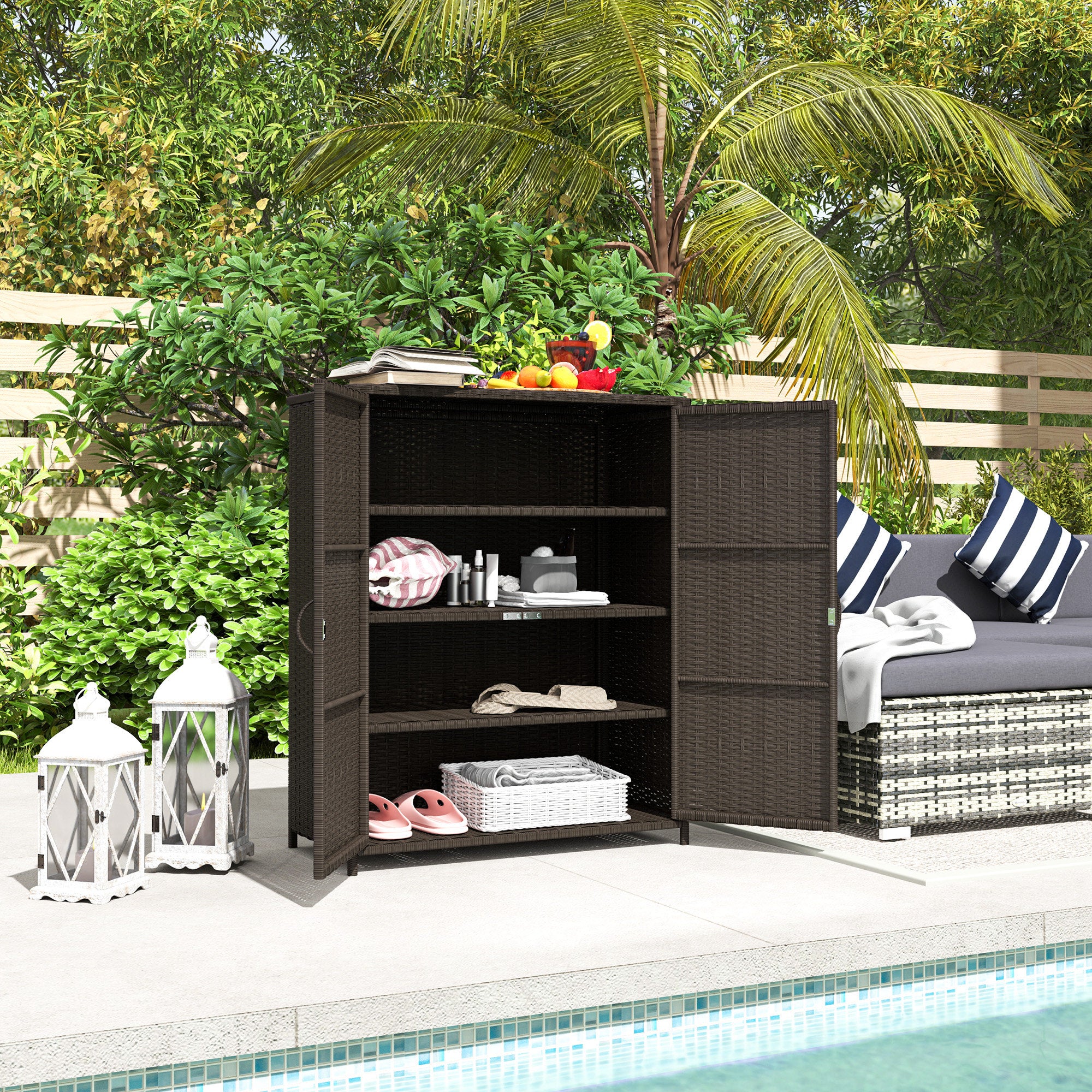 Rattan Wicker Outdoor Storage Cabinet with 4 Shelves and 2 Doors for Garden Pool Towel Storage, Coffee - Dark Coffee - Image 2