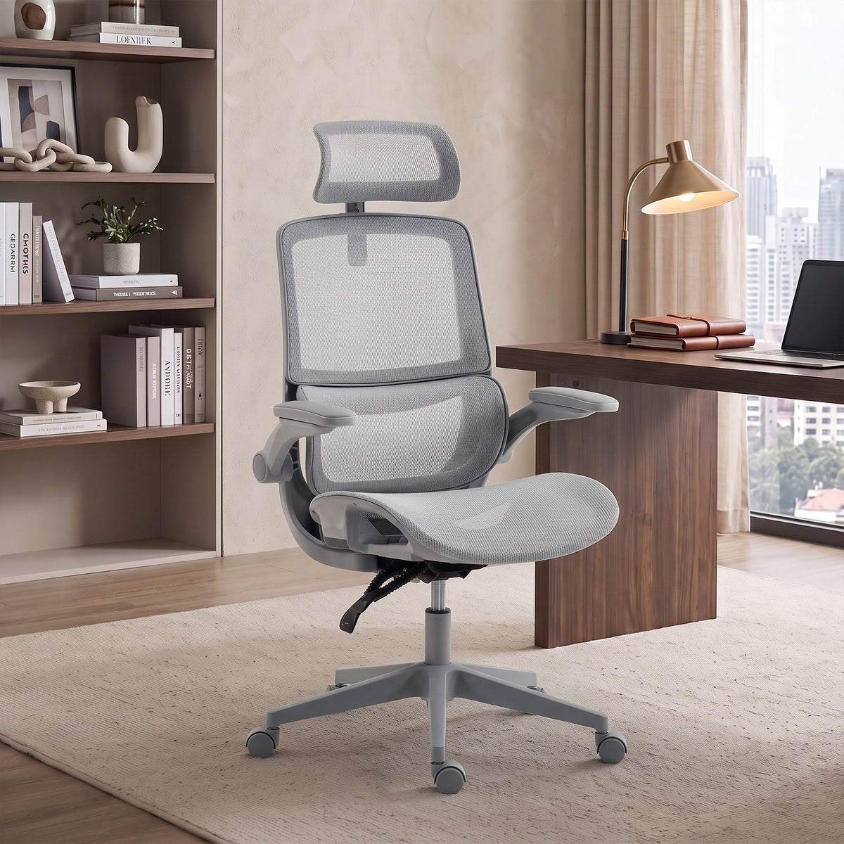 Ergonomic Office Chair with Adaptive Lumbar Support, Reclining Mesh Desk Chair with 2D Headrest, Flip-Up Arms, Gray