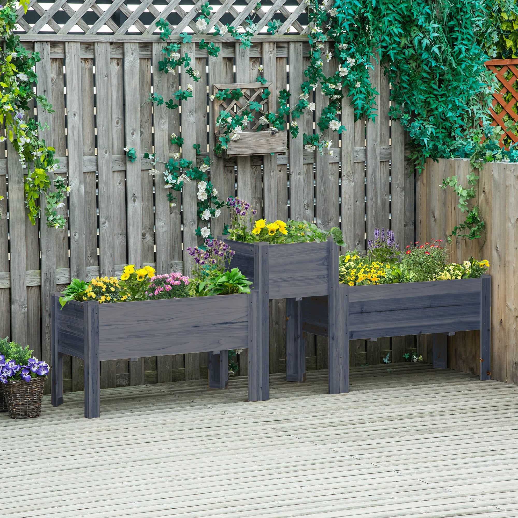 Raised Garden Bed Set of 3, Elevated Wood Planter Box with Legs and Bed Liner for Backyard and Patio to Grow Vegetables, Herbs, Gray - Gray - Image 2