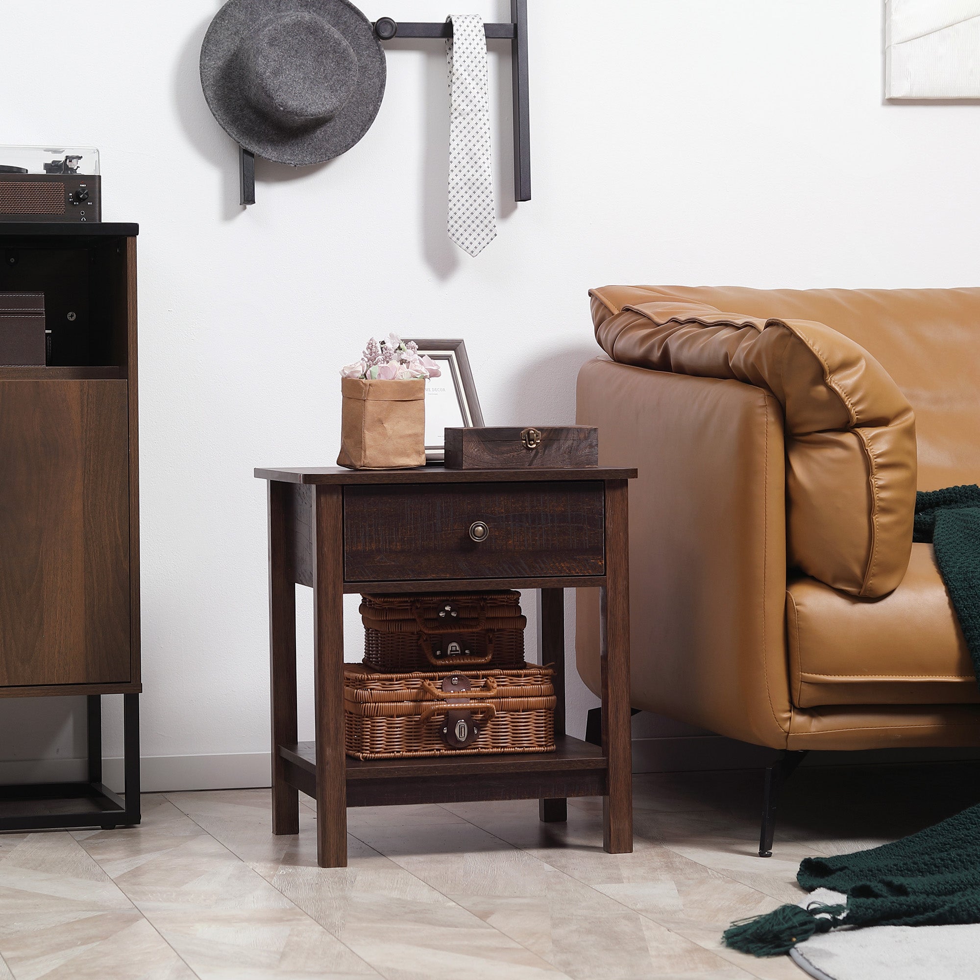 End Table with Drawer, Side Table with Top and Bottom Shelf for Small Spaces, Dark Brown