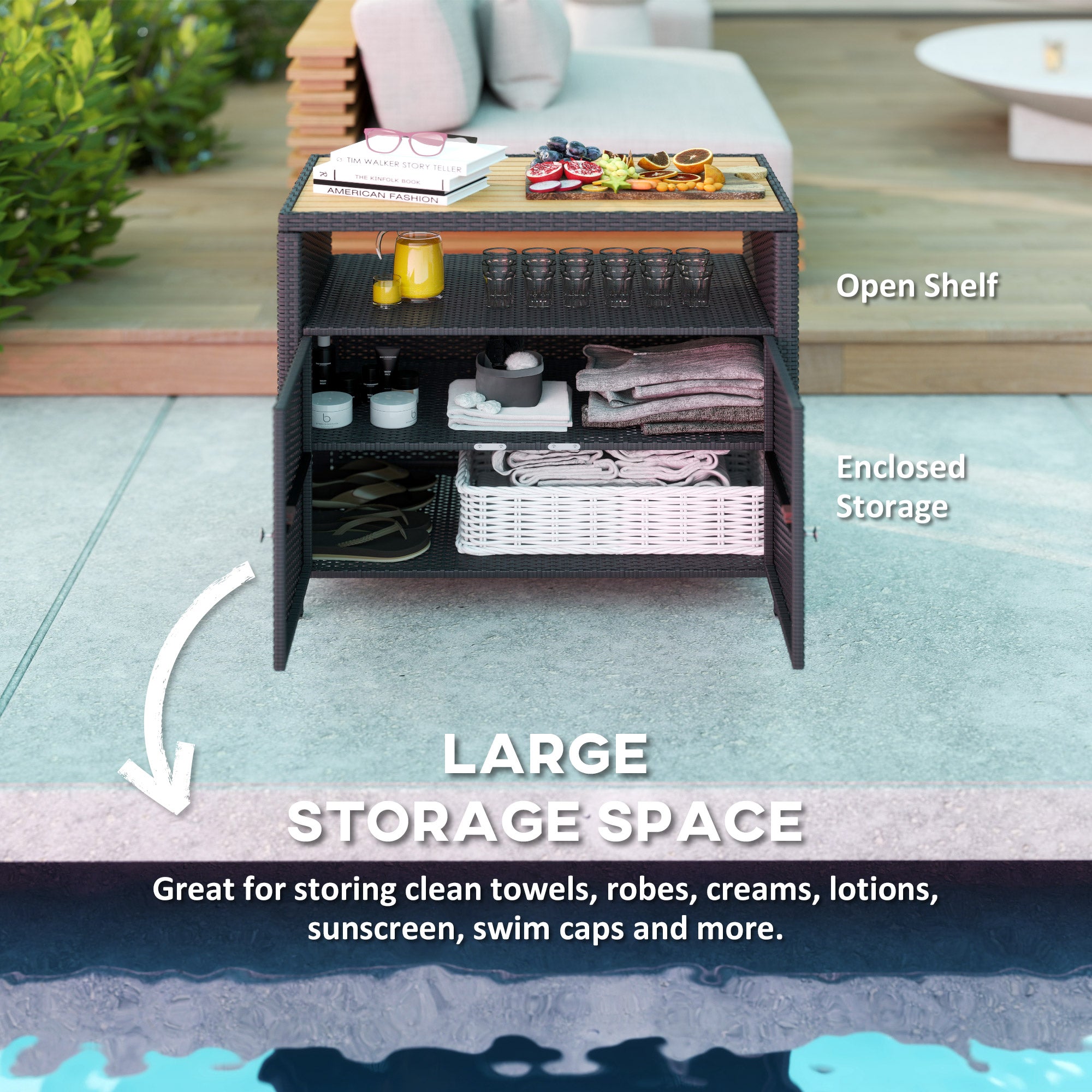 Outdoor Storage Cabinet with Acacia Wood Top, Two Doors, Shelf, Wicker Bar Table for Pool Towel Storage, Black - Black - Image 4