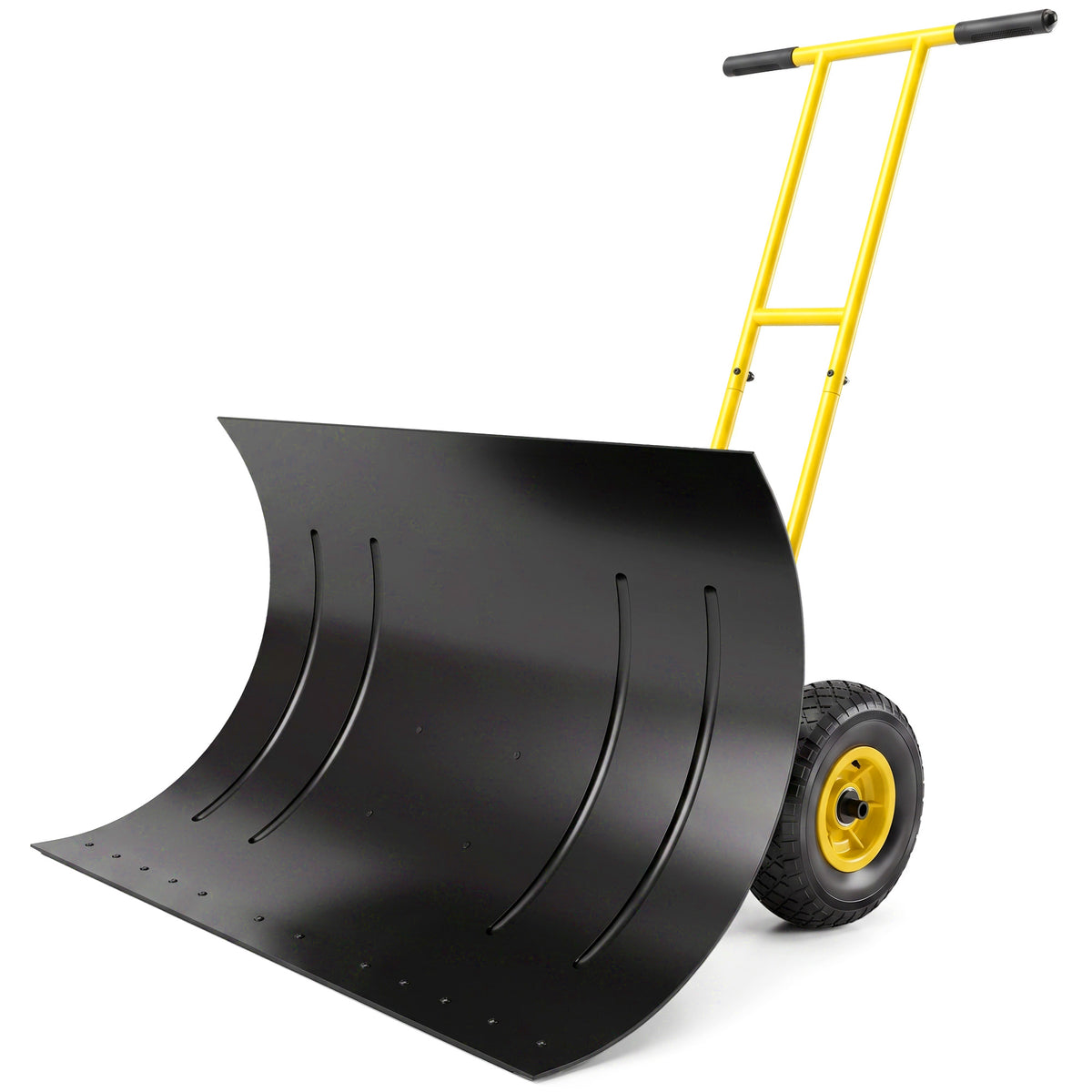 Snow Shovel with Wheels, 29" Metal Snow Pusher with Adjustable Handle, 7-Angle Blade, Wear Strip for Driveway, Yellow