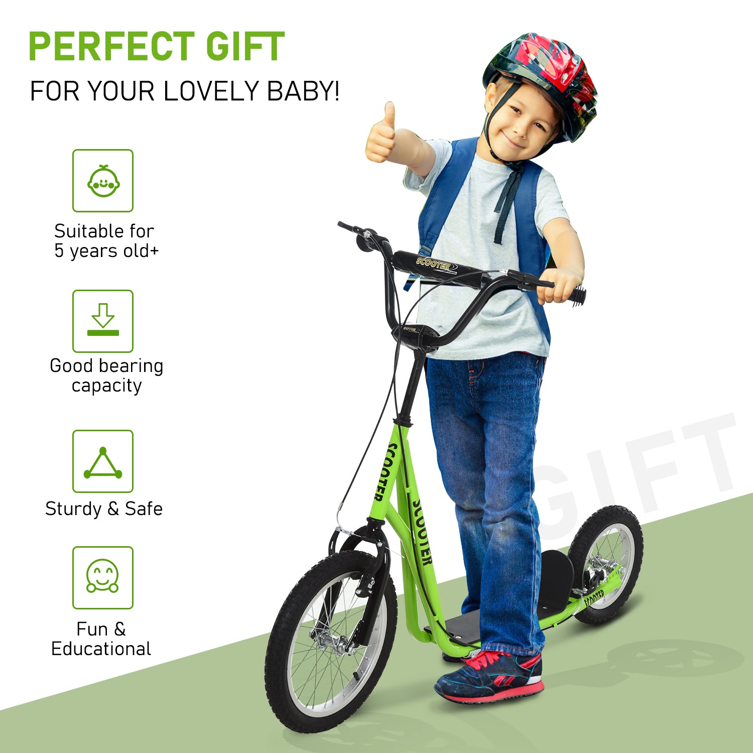 Teens Youth Scooter Ride On Toy with Adjustable Handlebar, Dual Brakes, and Inflatable Wheels For Kids 5+ - Green