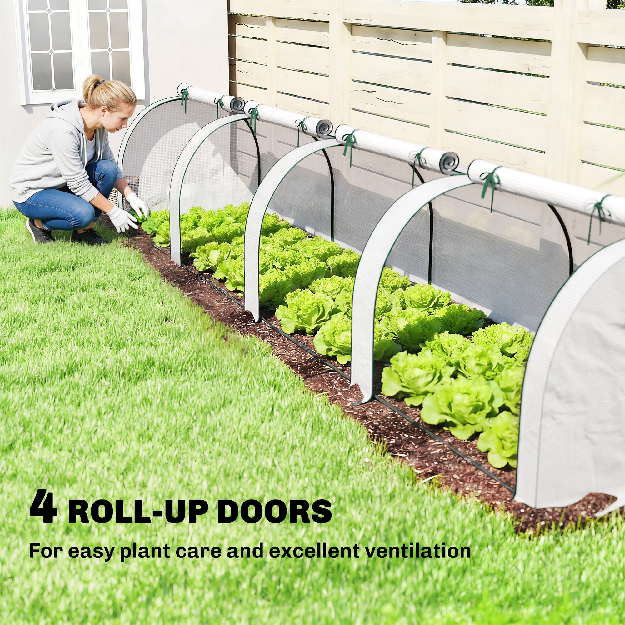 Mini Greenhouse, Portable Greenhouse with 4 Roll-Up Doors, PE Cover, 177.2" x 39.4" x 31.5", White - White - Image 4