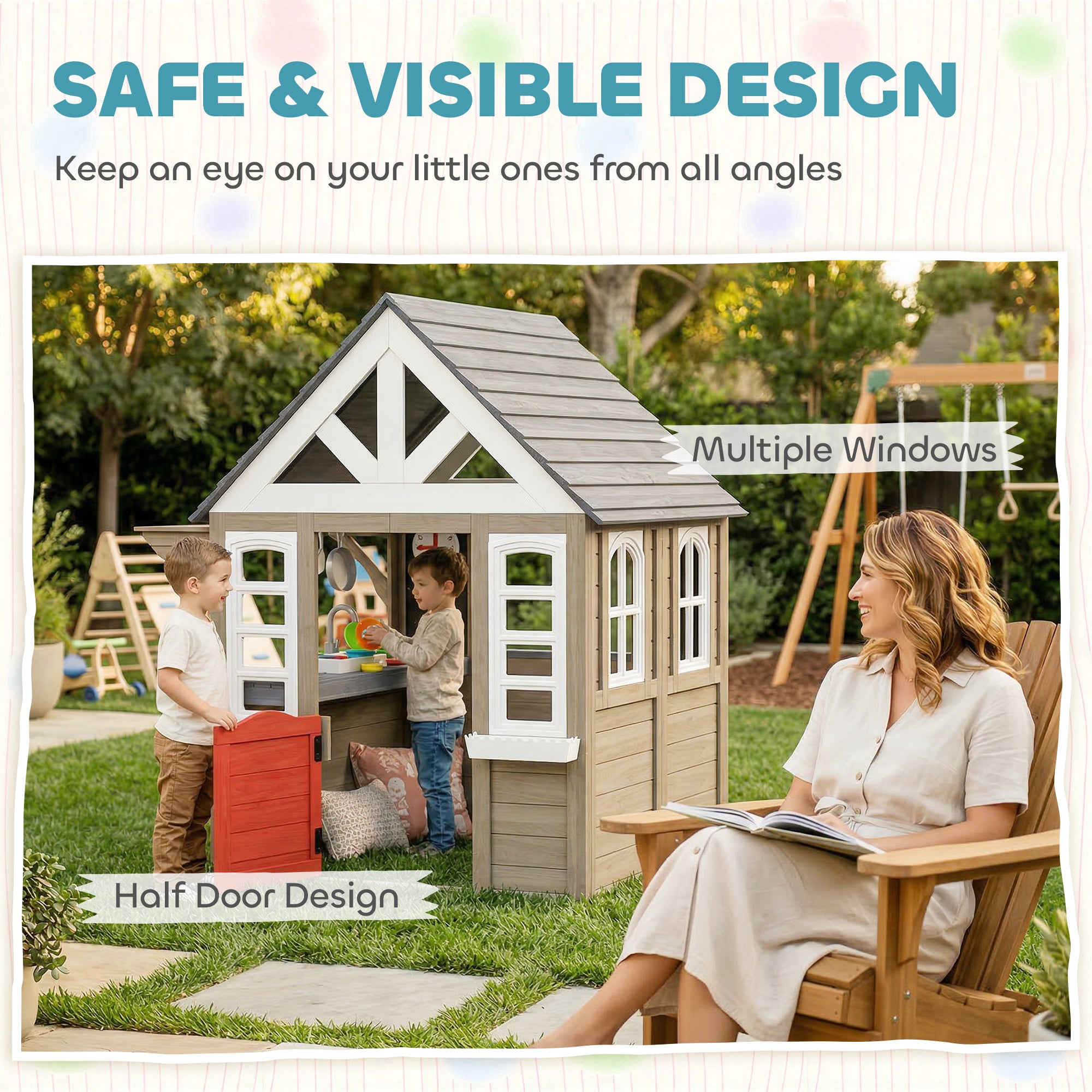 Outdoor Playhouse, Wooden Kids Playhouse with Dog Door, Flower Box, Cookware & Window for Garden Ages 2+, Gray