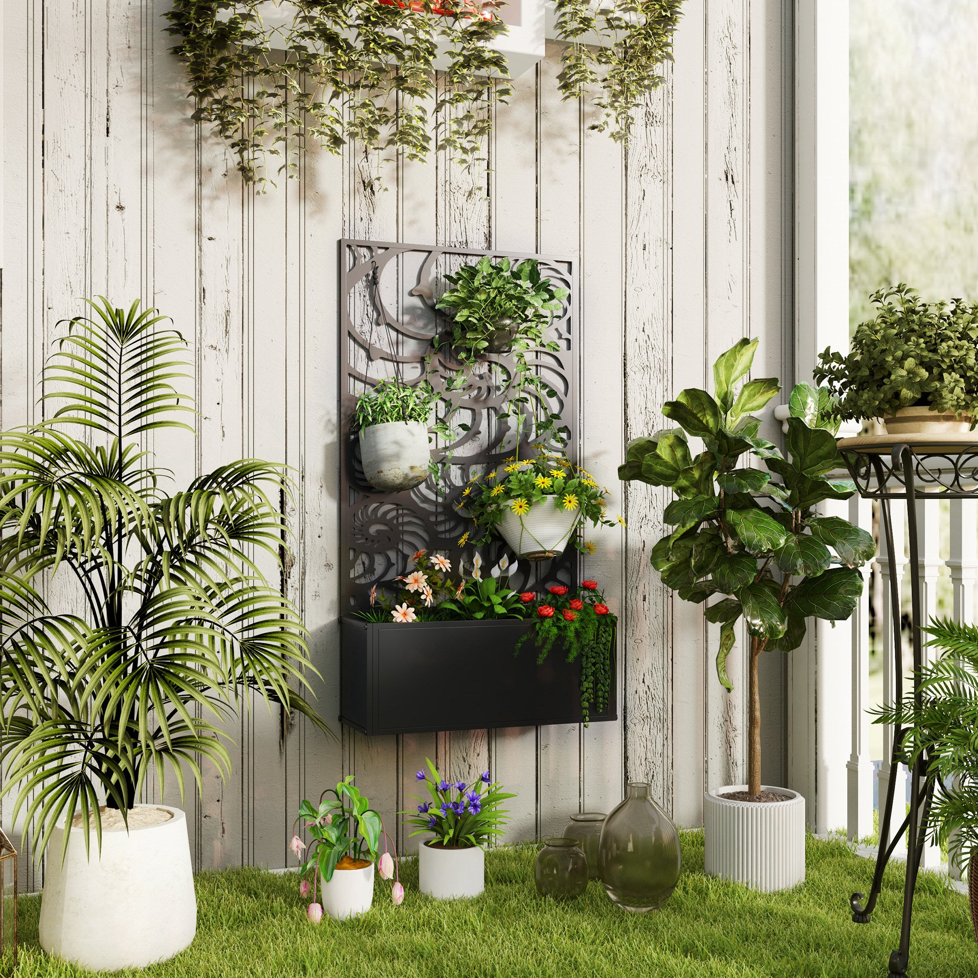 Metal Garden Bed with Trellis for Climbing Plants, Freestanding or Wall Mounted Flower Bed for Garden, Patio, Balcony - Black - Image 2