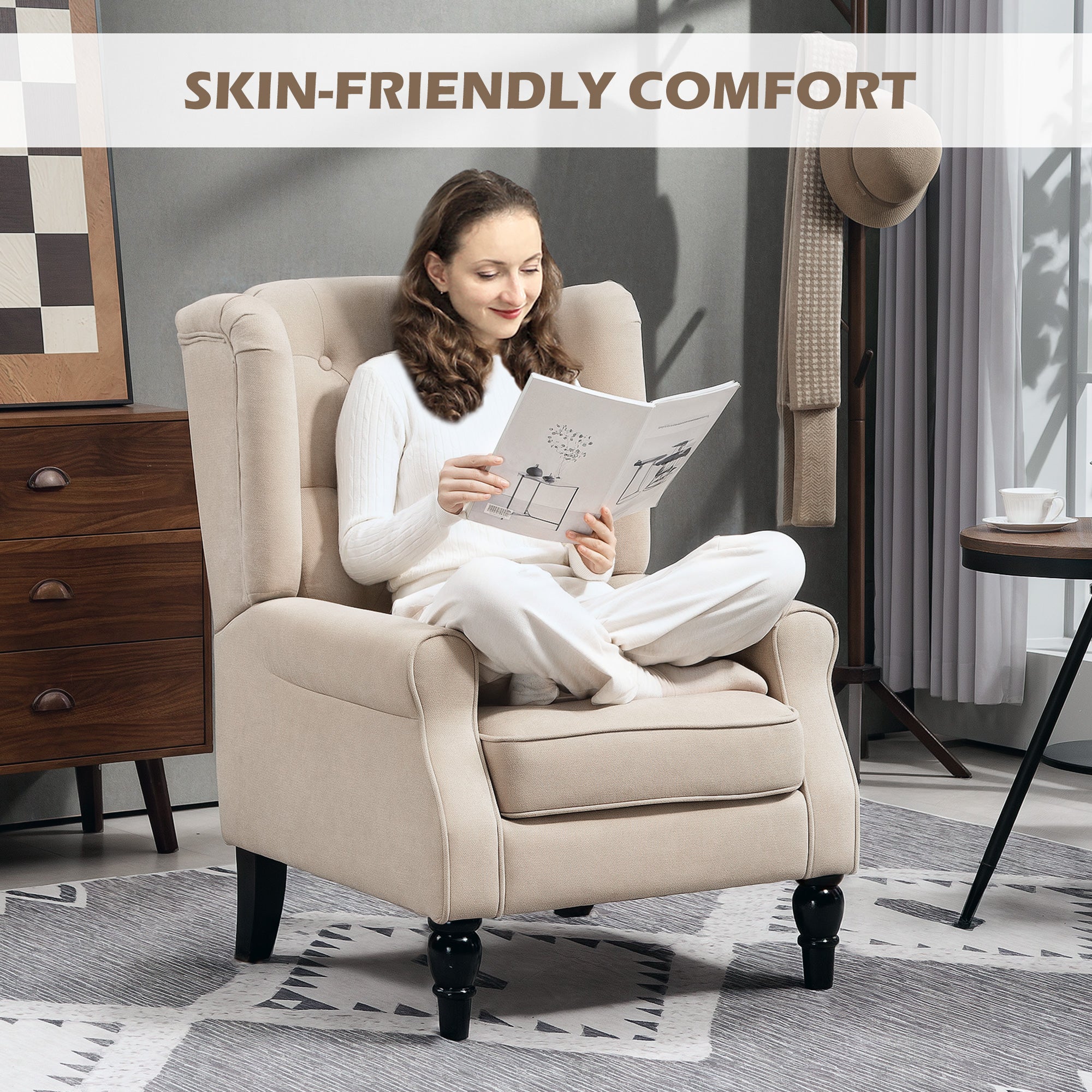 Wingback Accent Chair for Living Room, Button-Tufted Lounge Chair with Round Armrests and Wood Legs, Beige