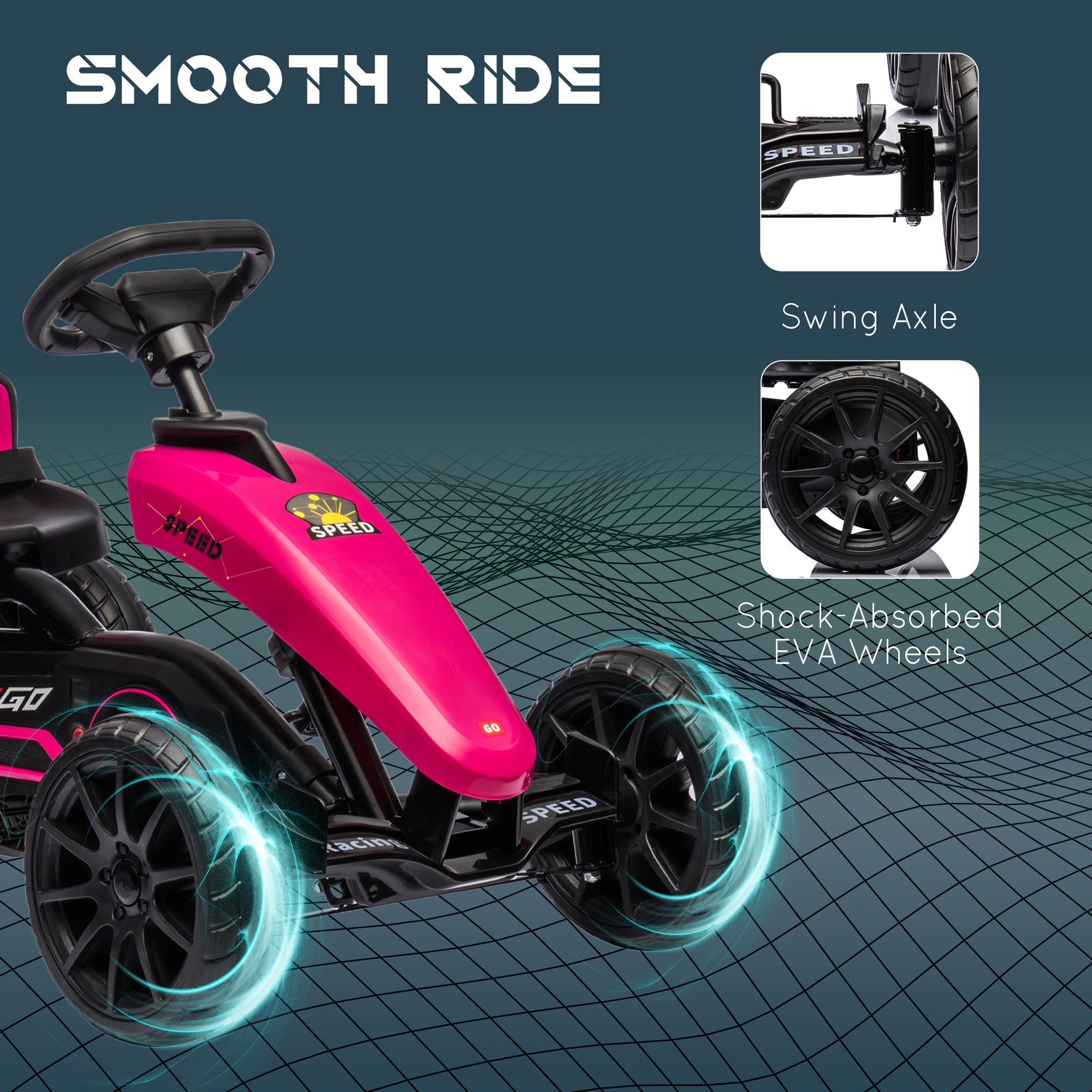Kids Pedal Go Kart w/ Swing Axle, Shock-Absorbing Wheels, Pink