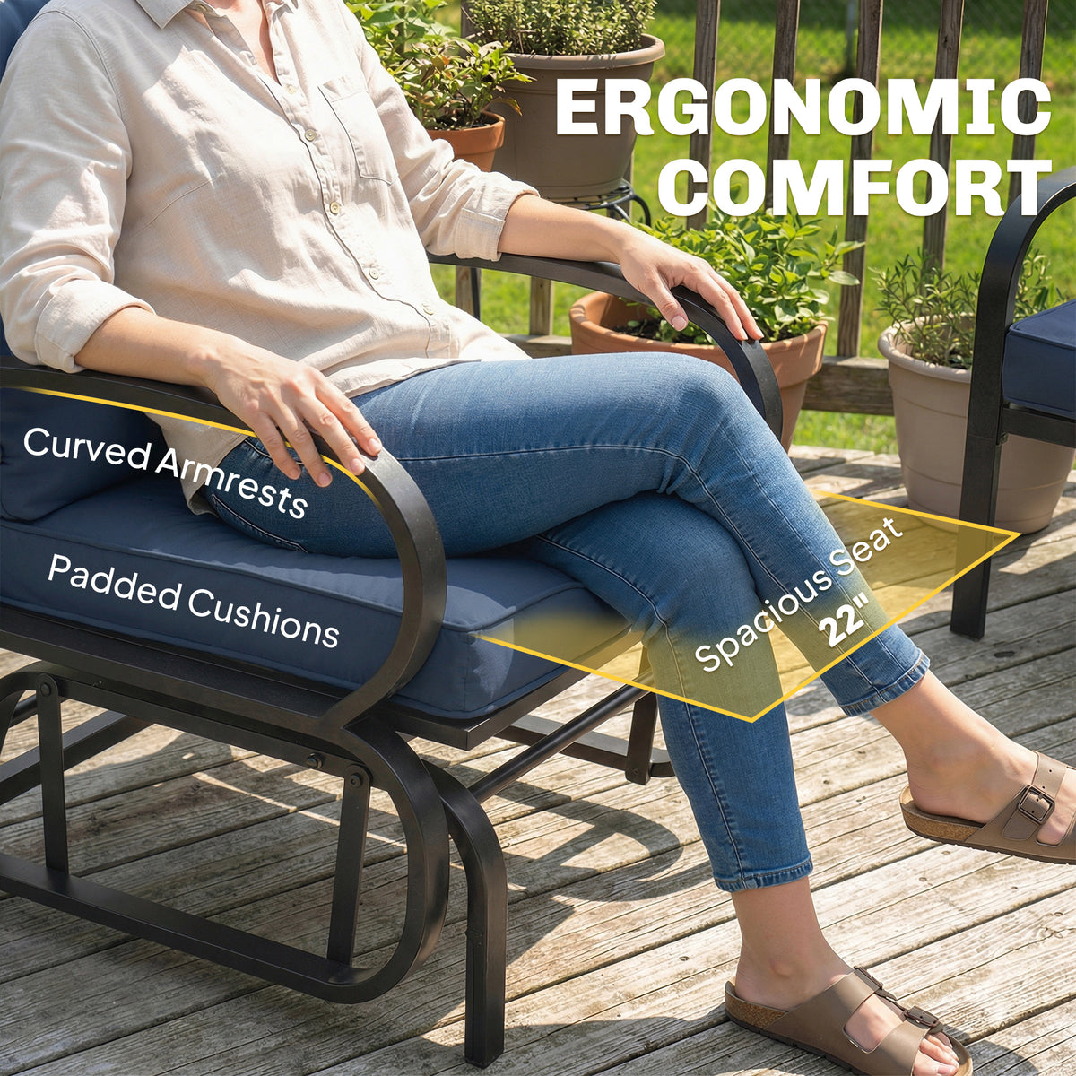 Patio Glider, Outdoor Glider Chair with Cushions, Steel Frame, Curved Armrests, Dark Blue