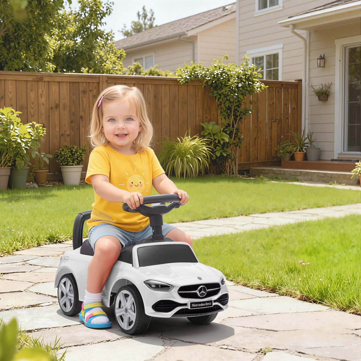 Qaba Mercedes-Benz C-Class Licensed Kids Ride On Car, Foot-to-Floor Toy with Anti-Tip Design, Horn & Start Sound, White