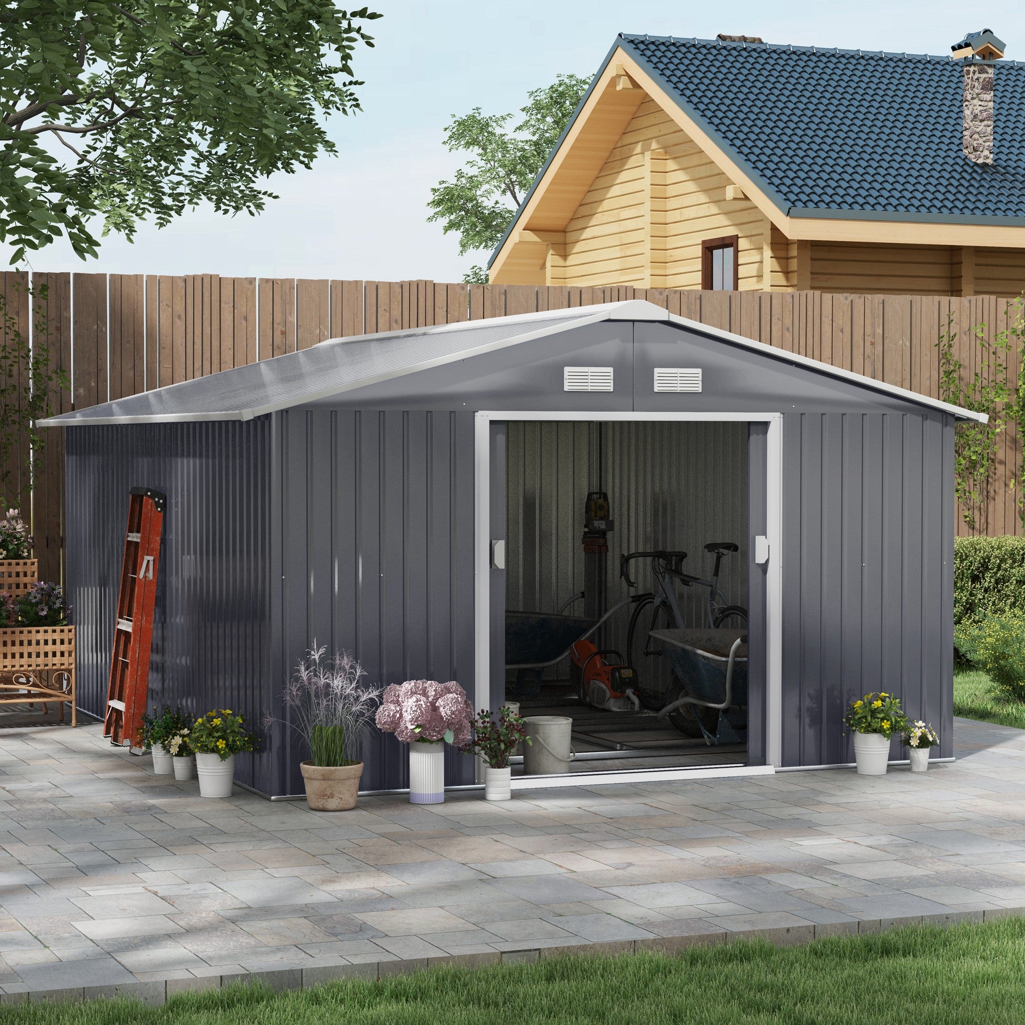 11' x 13' Garden Metal Shed, Storage Shed Utility Storage with Double Locking Doors for Bike, Yard Tools, Dark Gray - Dark Gray - Image 2
