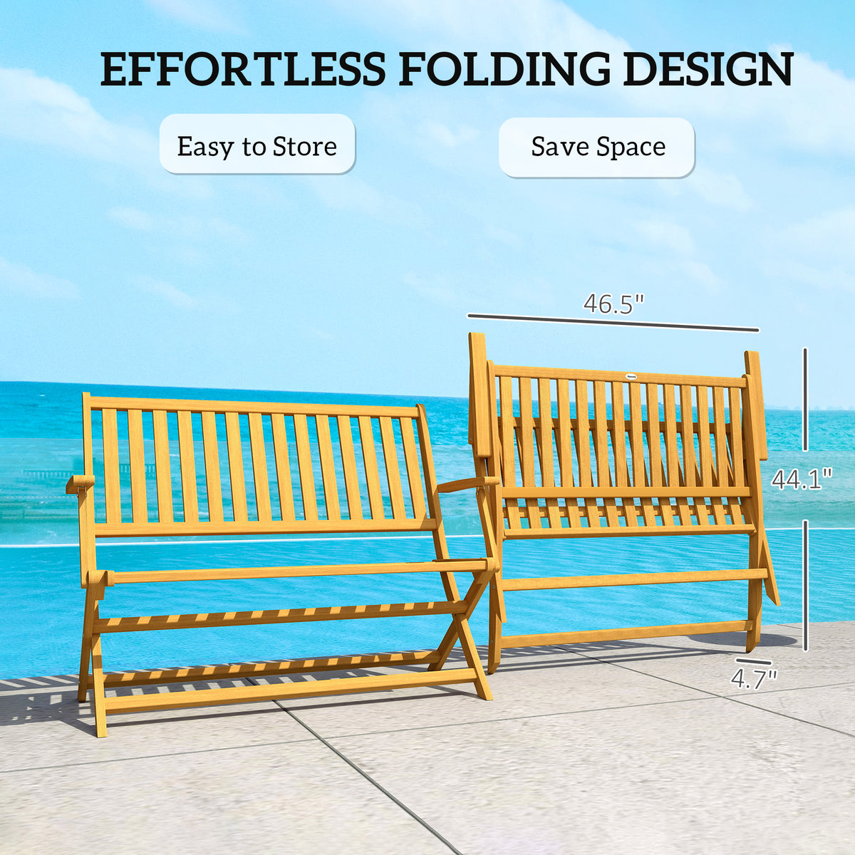 2-Person Foldable Wood Outdoor Bench with Backrest and Armrests for Garden, Porch, Park, Balcony, Teak
