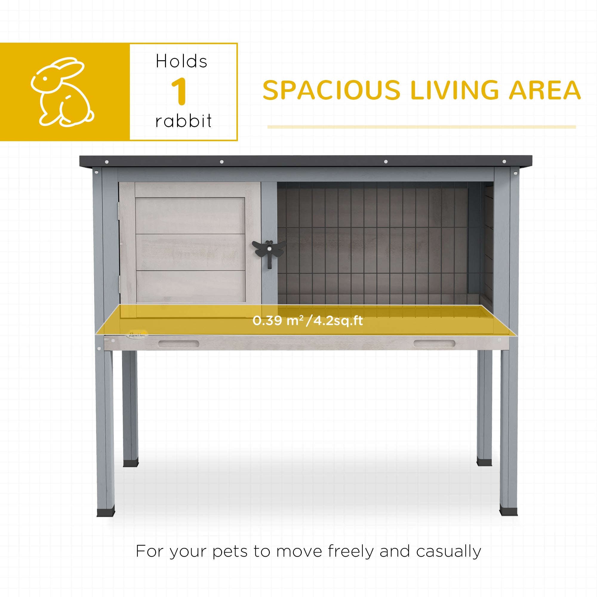 Elevated Rabbit Hutch, Wooden Bunny Cage with Hinged Asphalt Roof and Removable Tray, for Indoor/Outdoor, Gray - Gray - Image 4