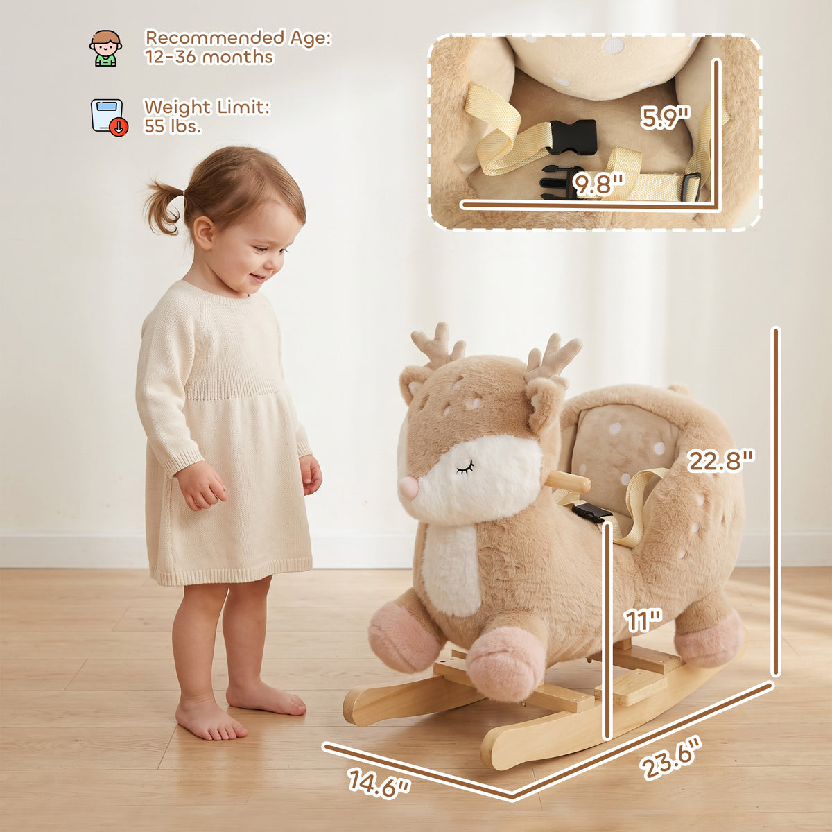 Baby Rocking Horse for Toddlers 1-3 Years, Spotted Deer Rocking Horse Toy with Sounds, Seat Belt and Widened Base, Brown