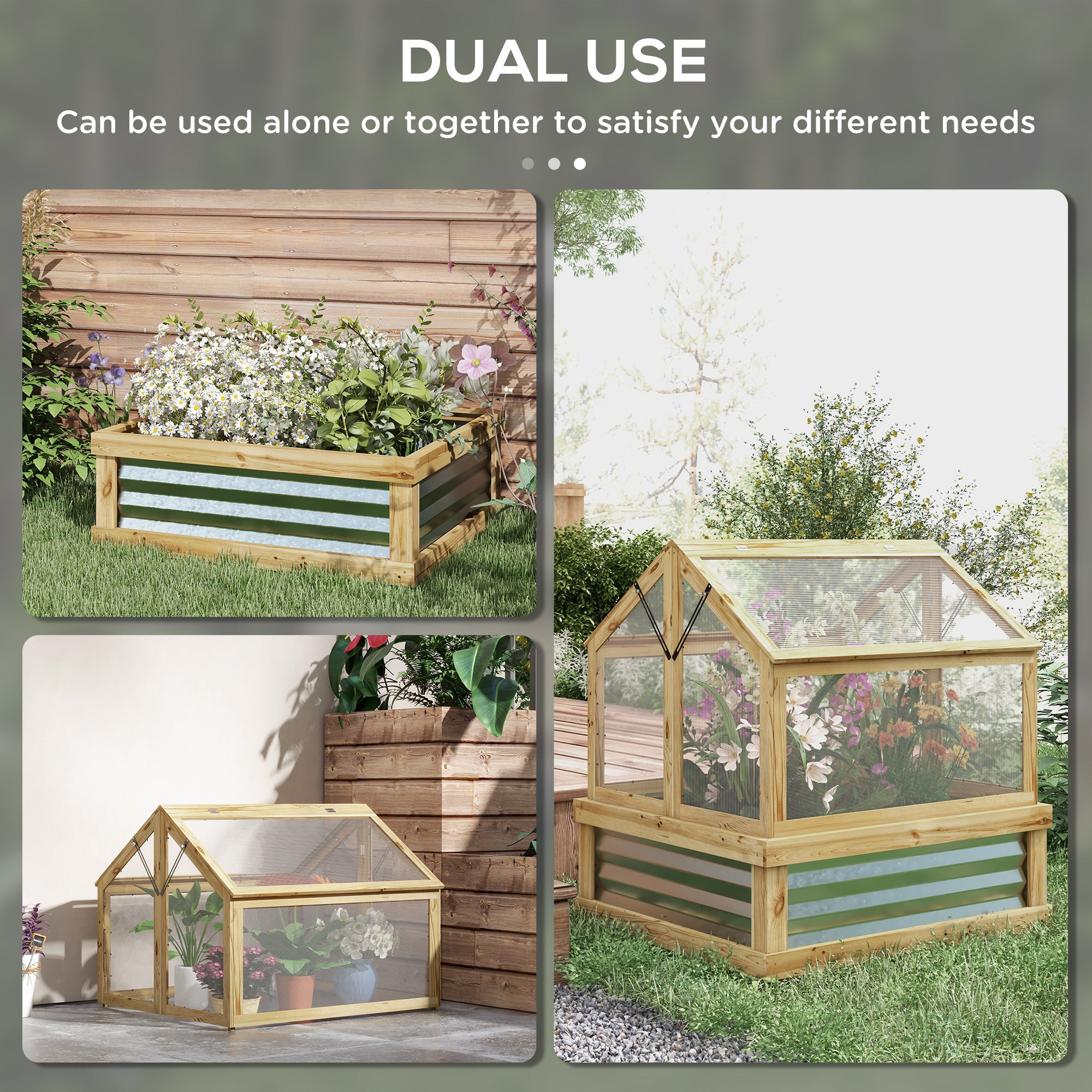 Raised Garden Flower Bed Kit with Greenhouse, Wooden Cold Frame Planter, 35.5" x 31.5" x 36", Natural - Natural Wood - Image 4