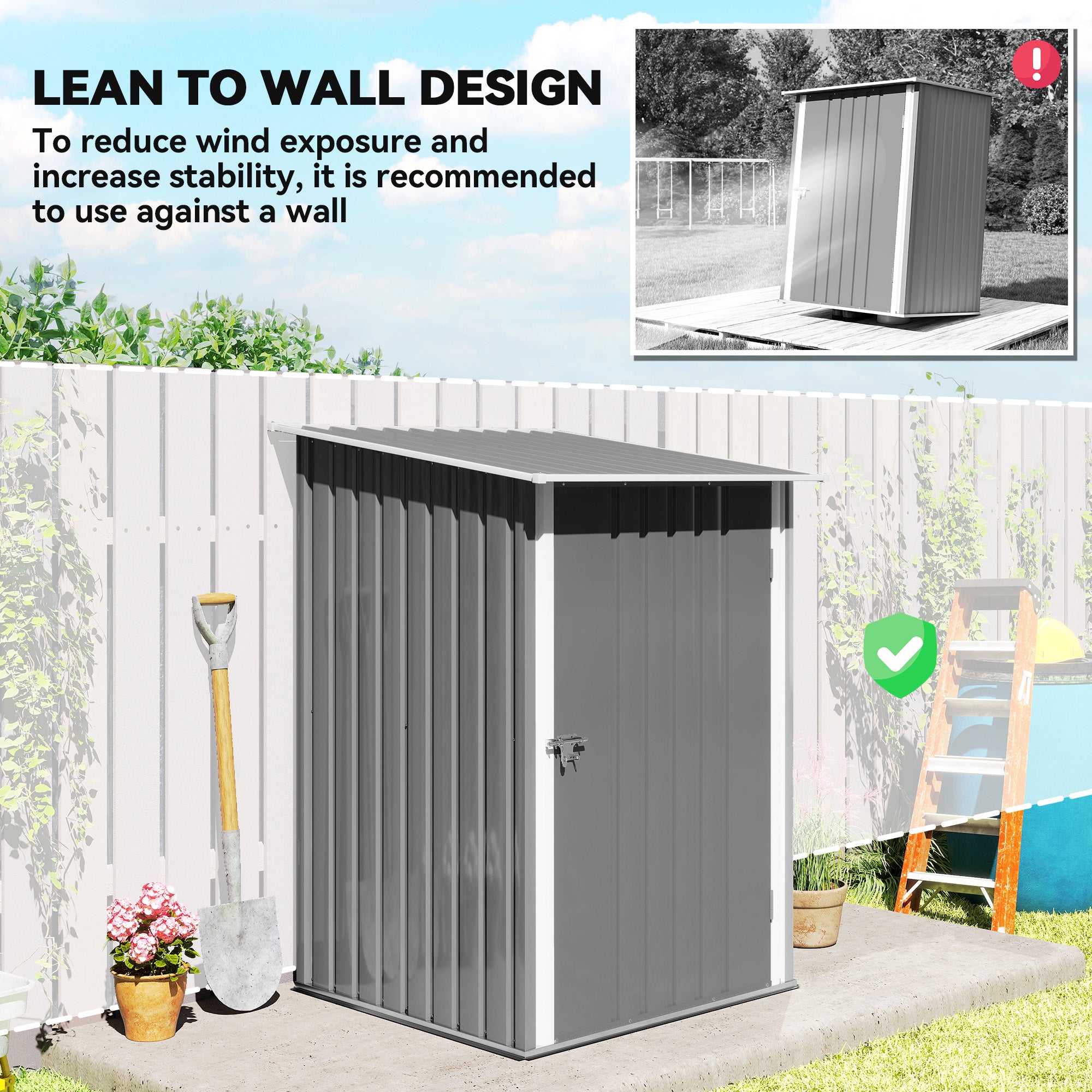 Outdoor 3.3' x 3.4' Lean-to Garden Storage Shed, Galvanized Steel Tool House with Lockable Door for Patio, Gray - Gray - Image 6