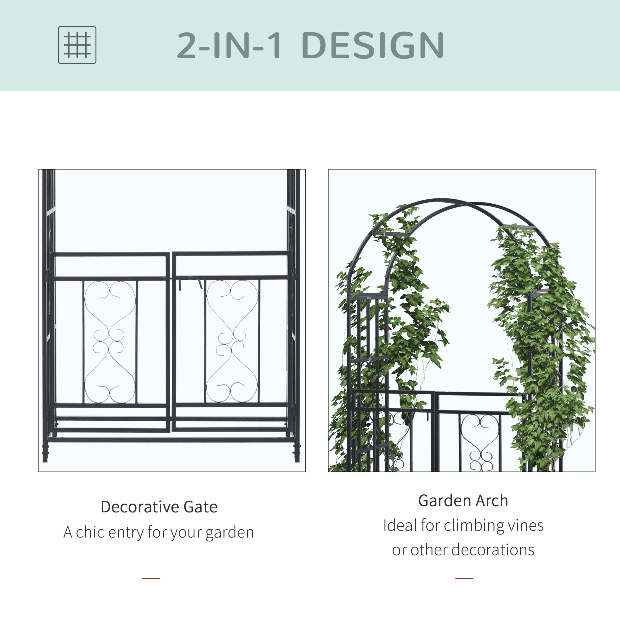 81" Metal Garden Arbor with Double Doors, Locking Gate, Climbing Vine Frame with Heart Motifs, Arch for Wedding, Bridal Party Decoration, Grey - Black - Image 4