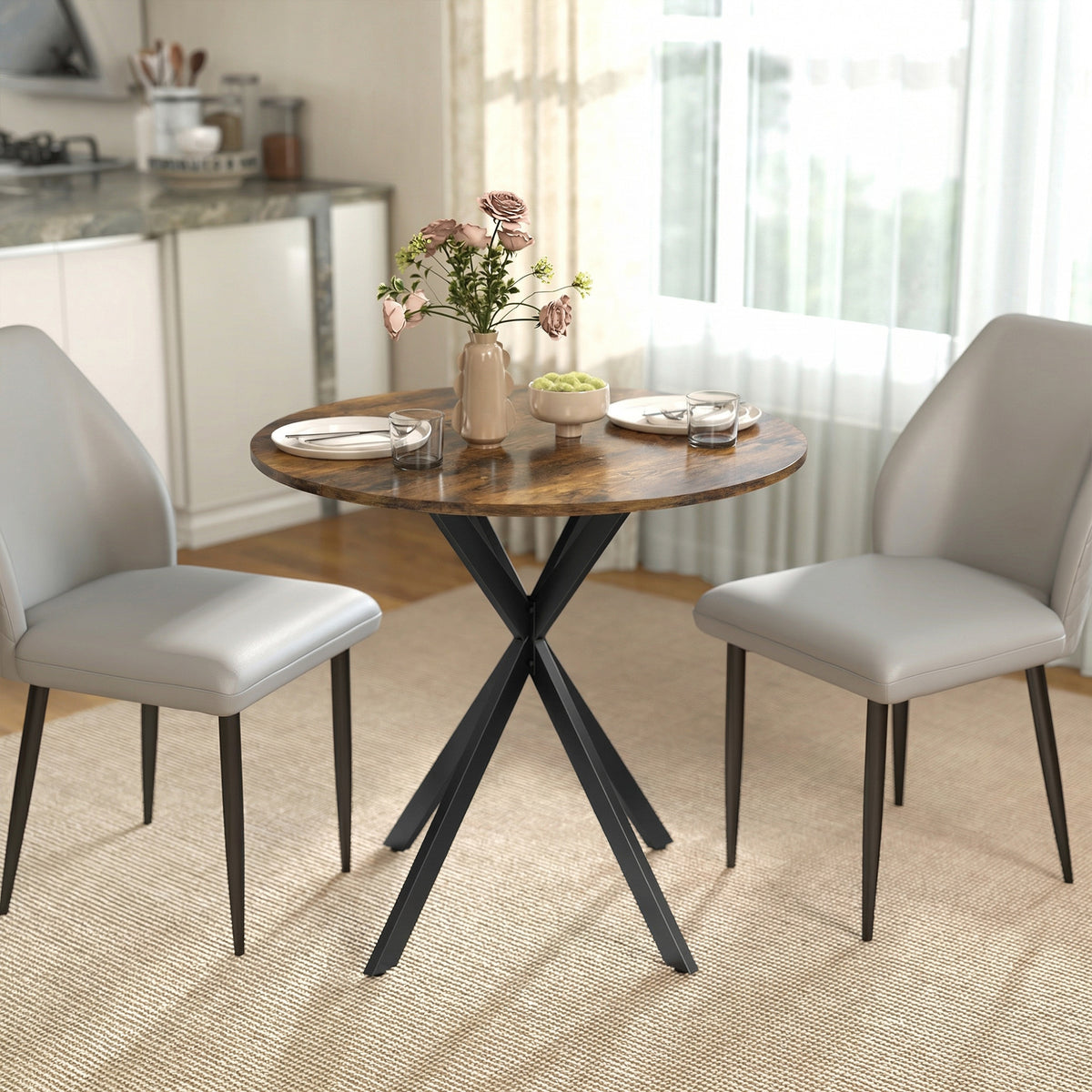 31.5" Small Round Dining Table for 2, Industrial Kitchen Table with Cross Steel Legs for Dining Room, Rustic Brown