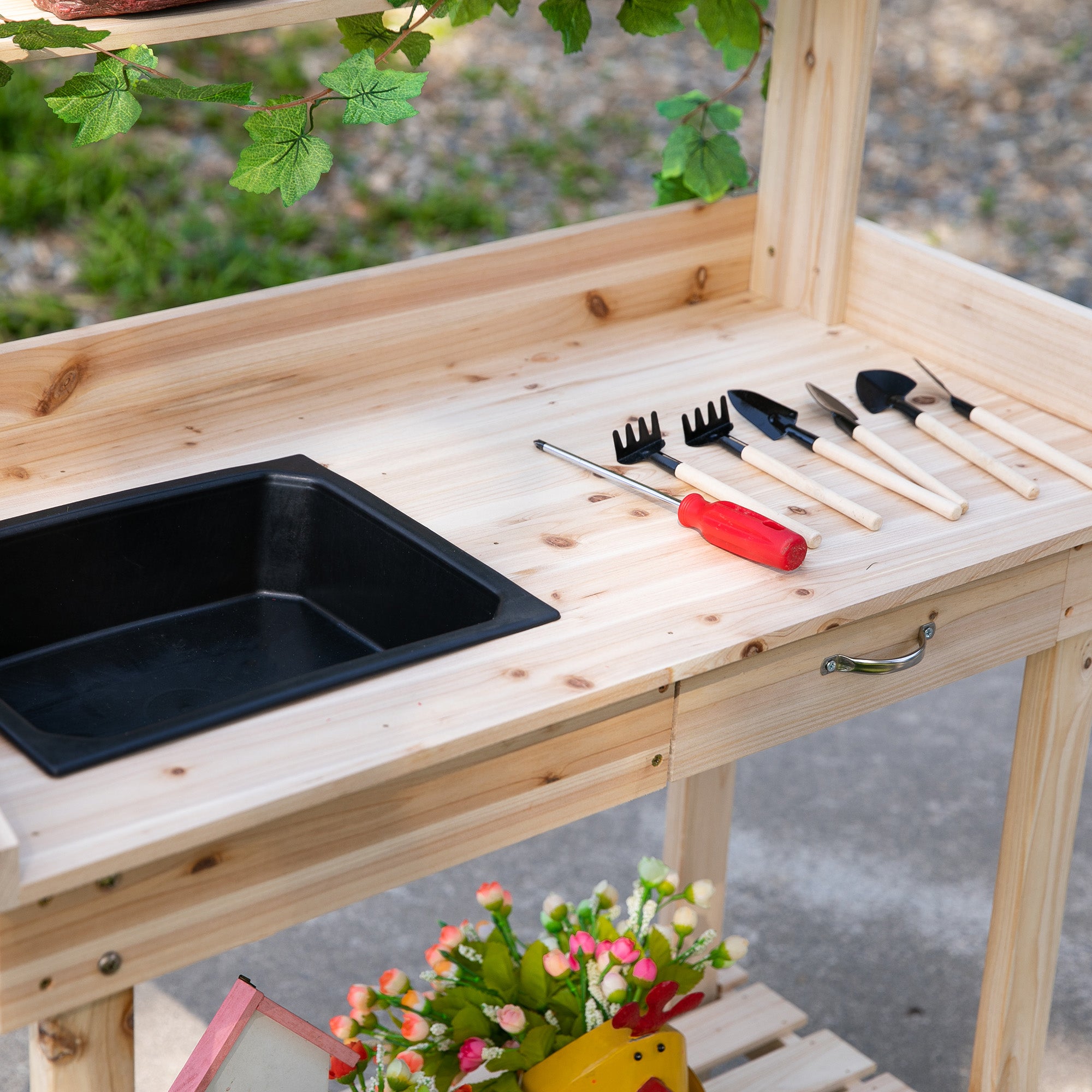 36" Wooden Potting Bench Work Table with 2 Removable Wheels, Garden Workstation with Removable Sink, Drawer & Large Storage Spaces, Natural - Natural Wood - Image 7