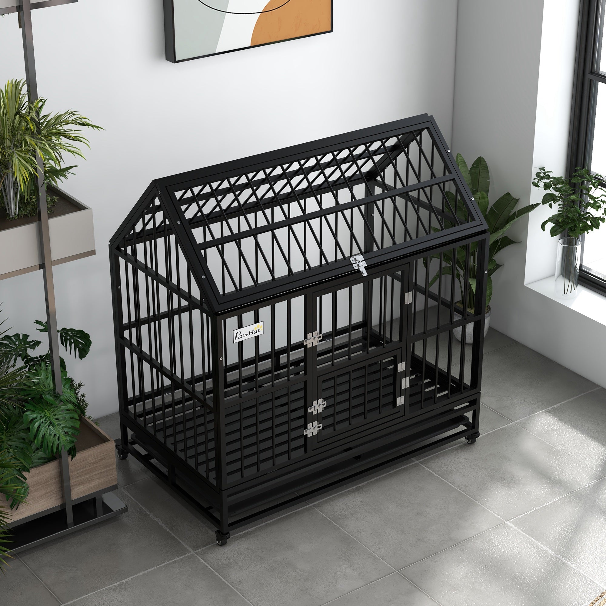 48" Heavy Duty Dog Crate with 4 Lockable Wheels, Double Doors, and Removable Tray, for XL and L Dogs - Black - Image 8